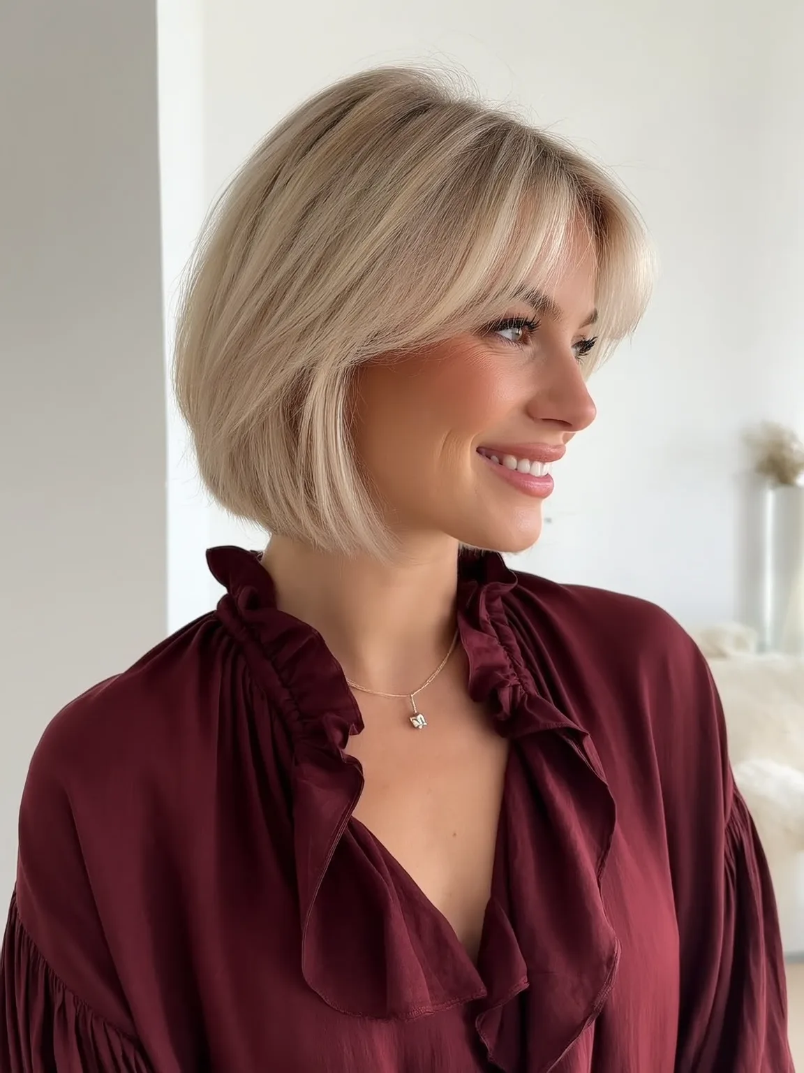 Straight Sandy Blonde Bob with Curtain Bangs