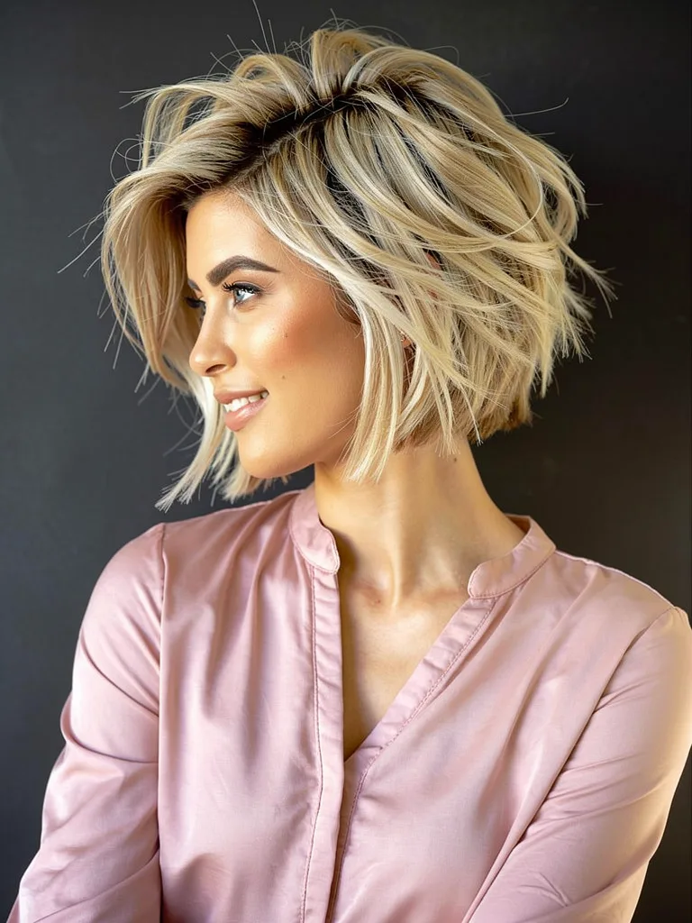 High-Volume Wavy Bob with Platinum Blonde Highlights