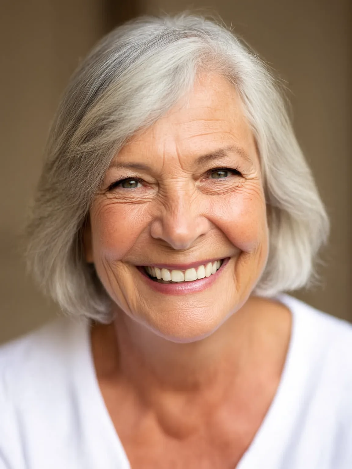 Soft Silver Gray Straight Bob with Side-Swept Bangs