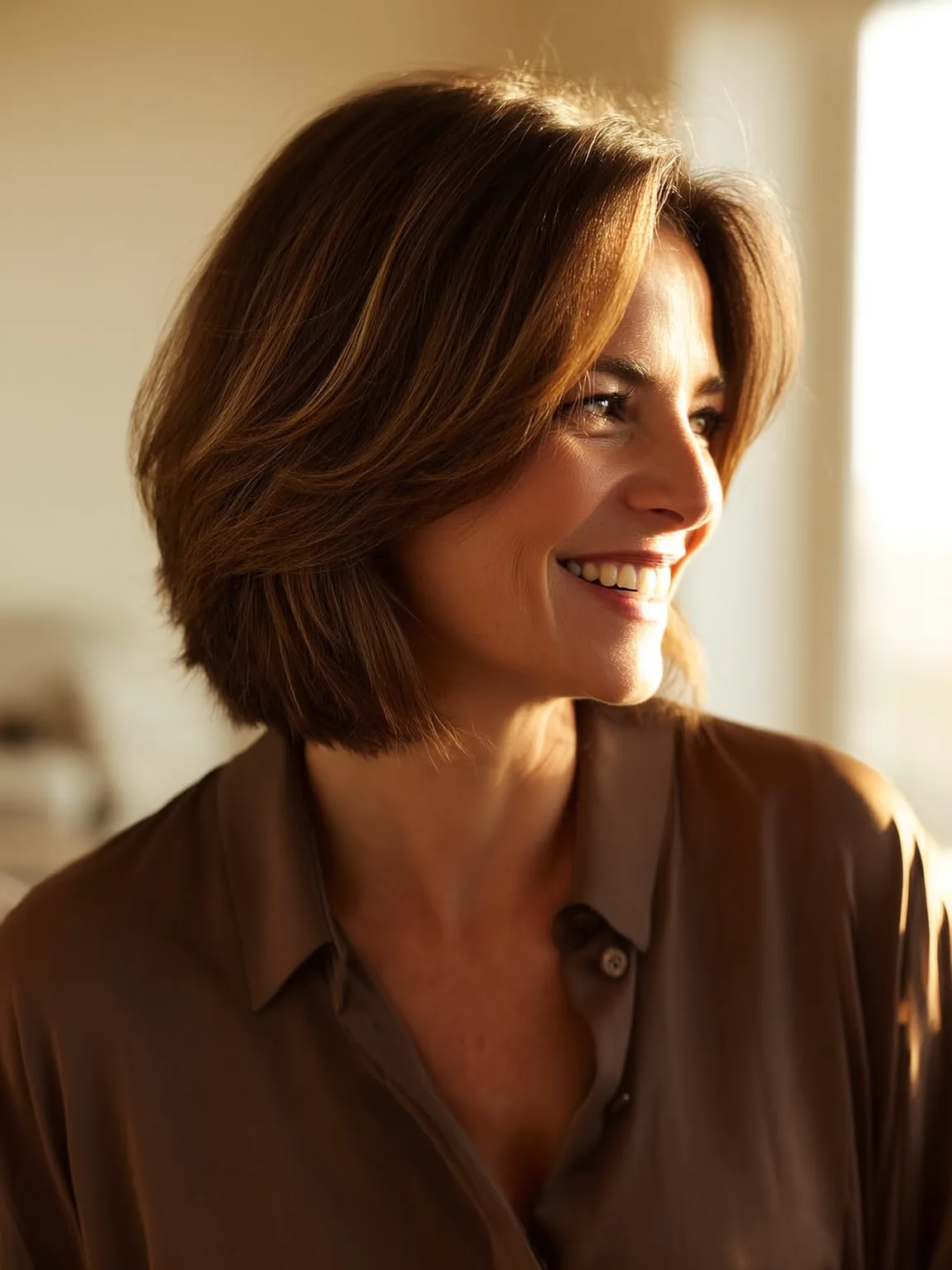 Warm Caramel Brown Straight Bob with Sleek Texture