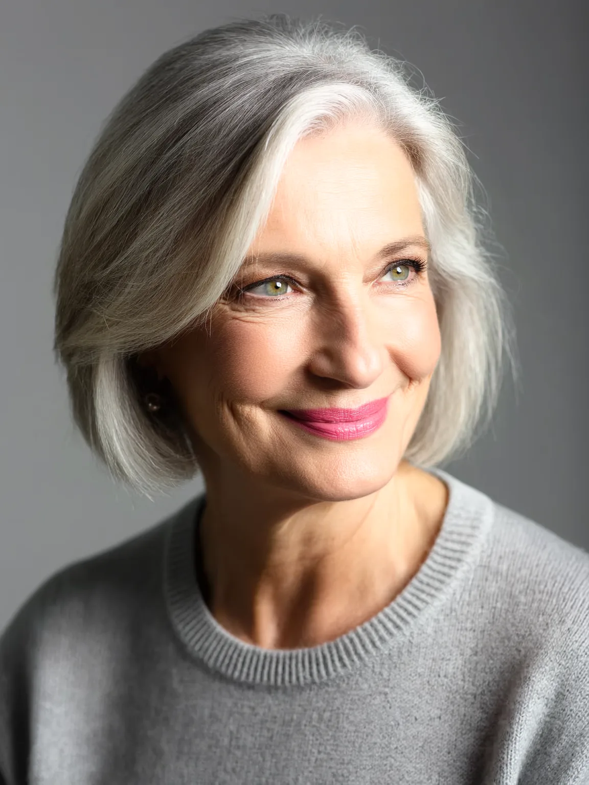 Sleek Silver Frost Straight Bob with Side-Swept Bangs
