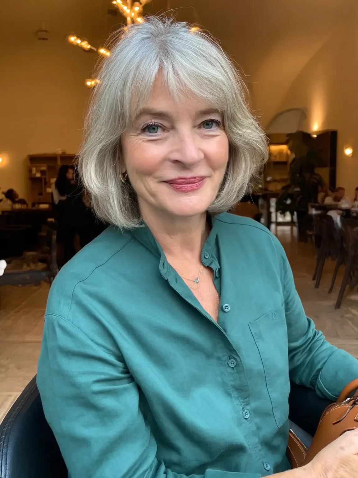 Chin-Length Bob with Curtain Bangs in Silver Frost
