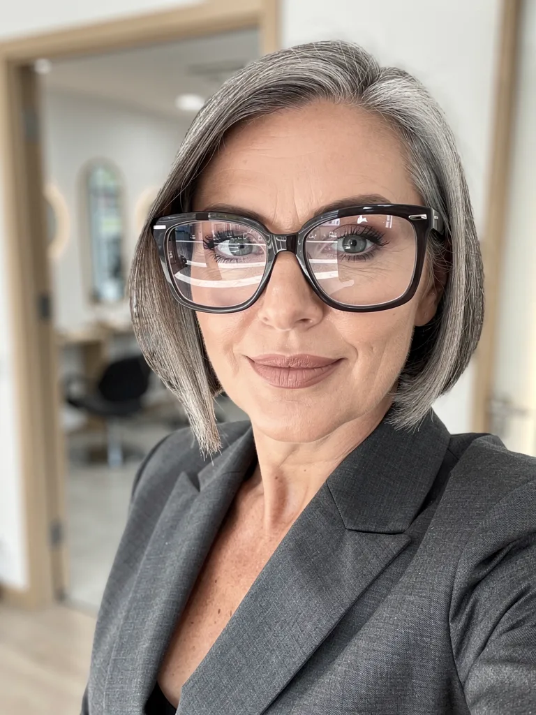 Chin-Length Silky Bob with Natural Silver Highlights