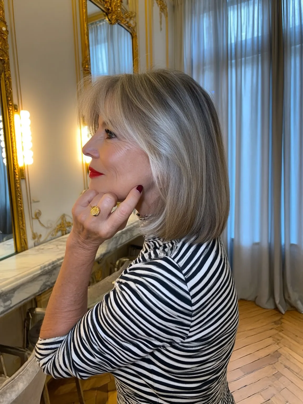 Chin-Length Glossy Bob with Silver Frost Lowlights
