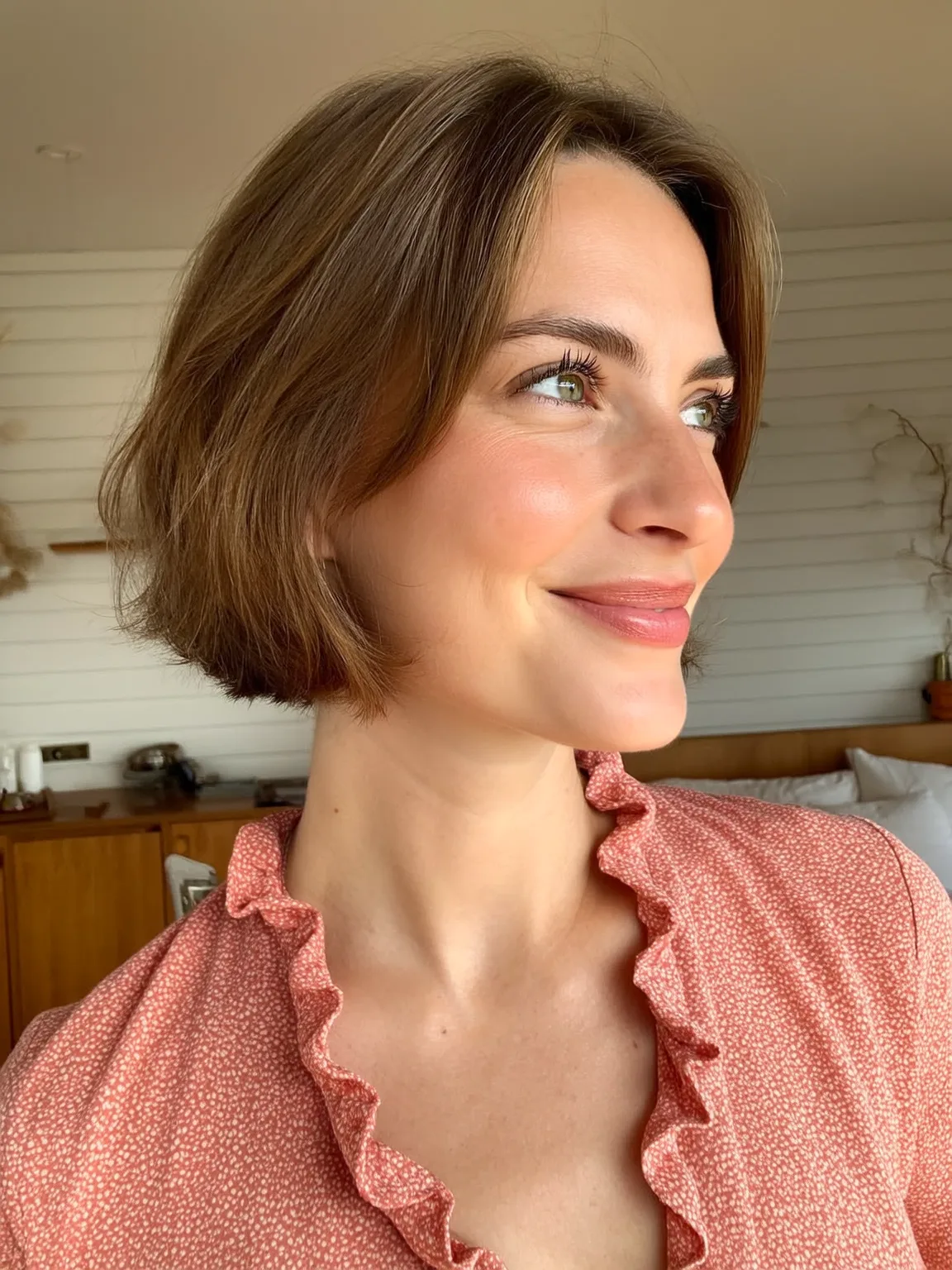 Sleek Warm Caramel Brown Straight Bob with Side Bangs