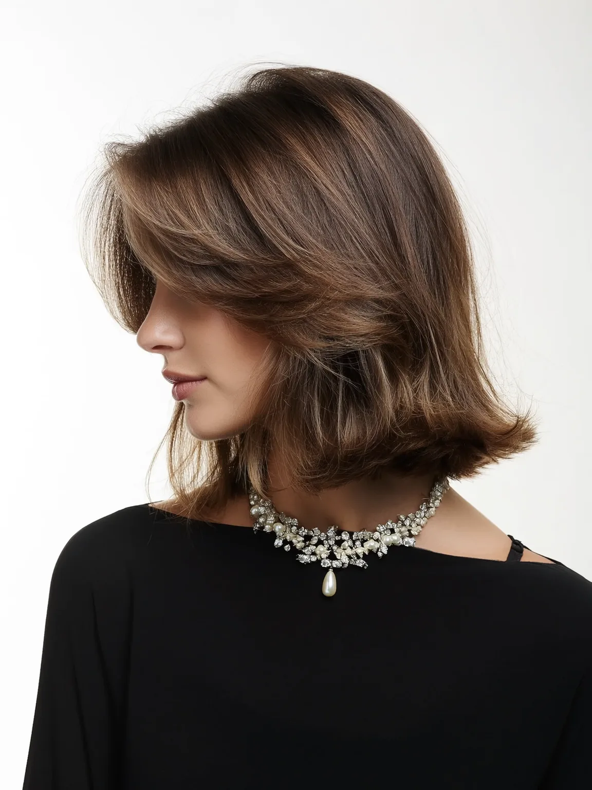 Wavy Warm Caramel Brown Bob with Side-Swept Bangs