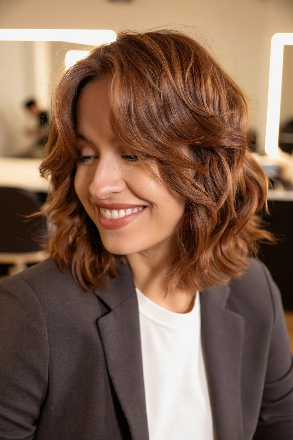 Chin-Length Wavy Bob with Curtain Bangs in Strawberry Blonde