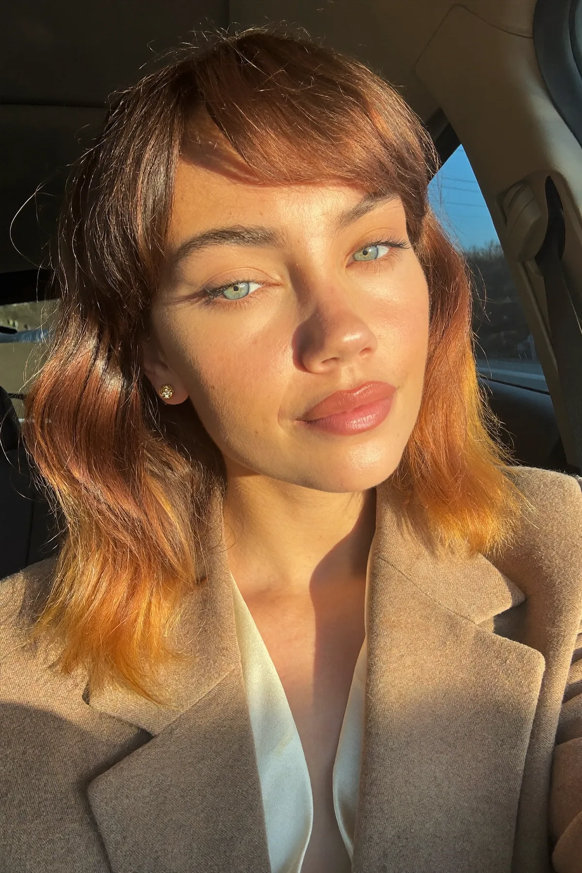 Auburn Copper Wavy Long Bob with Full Fringe Bangs