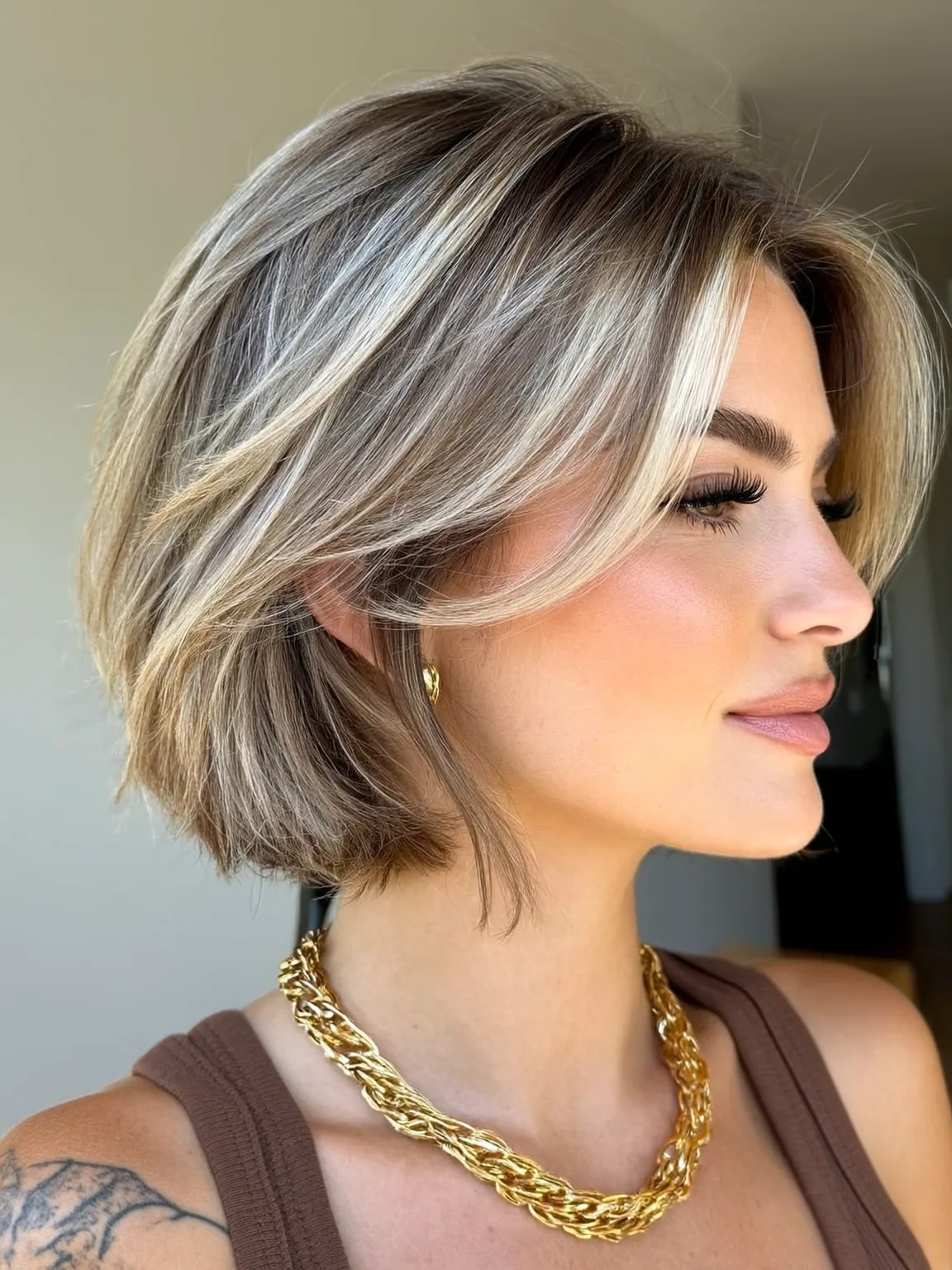 Short Straight Bob with Ashy Blonde and Long Bangs