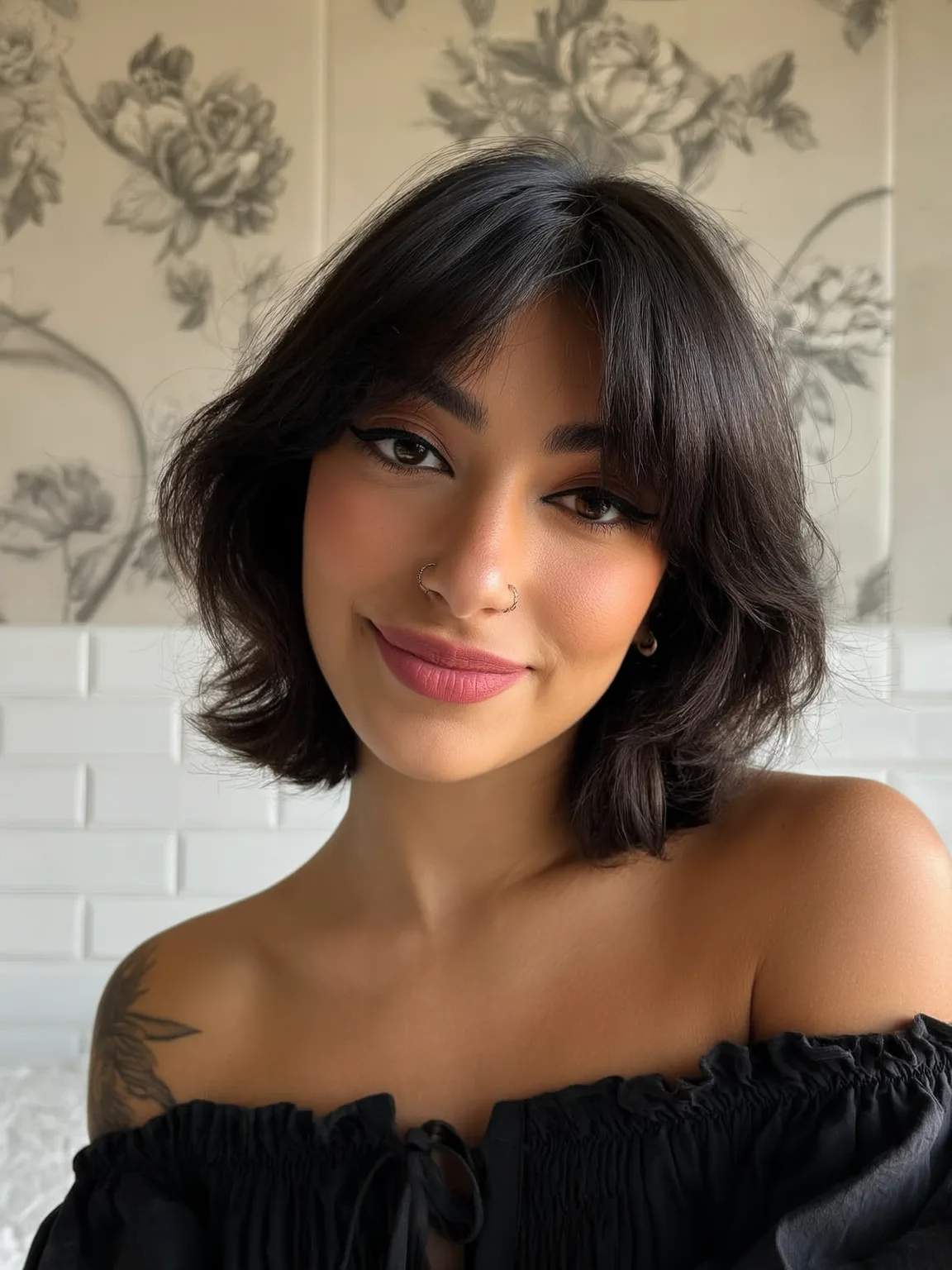 Rich Dark Chocolate Brown Bob with Curtain Bangs and Waves