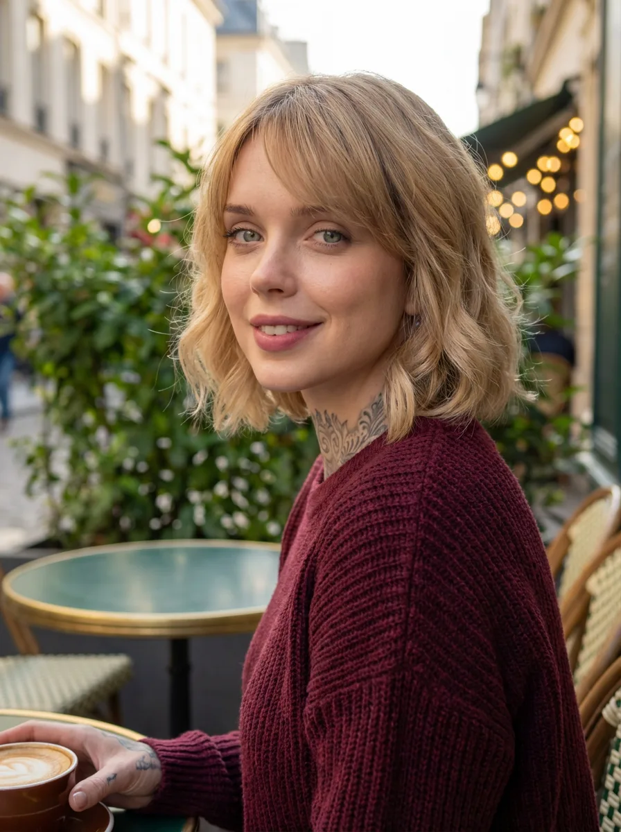 Versatile Wavy Sandy Blonde Bob with Curtain Bangs
