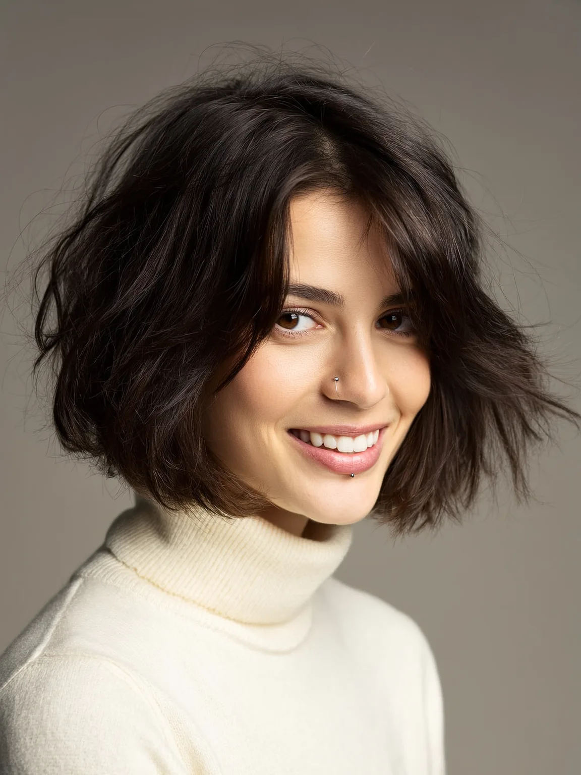Wavy Rich Espresso Brown Bob with Side-Swept Bangs