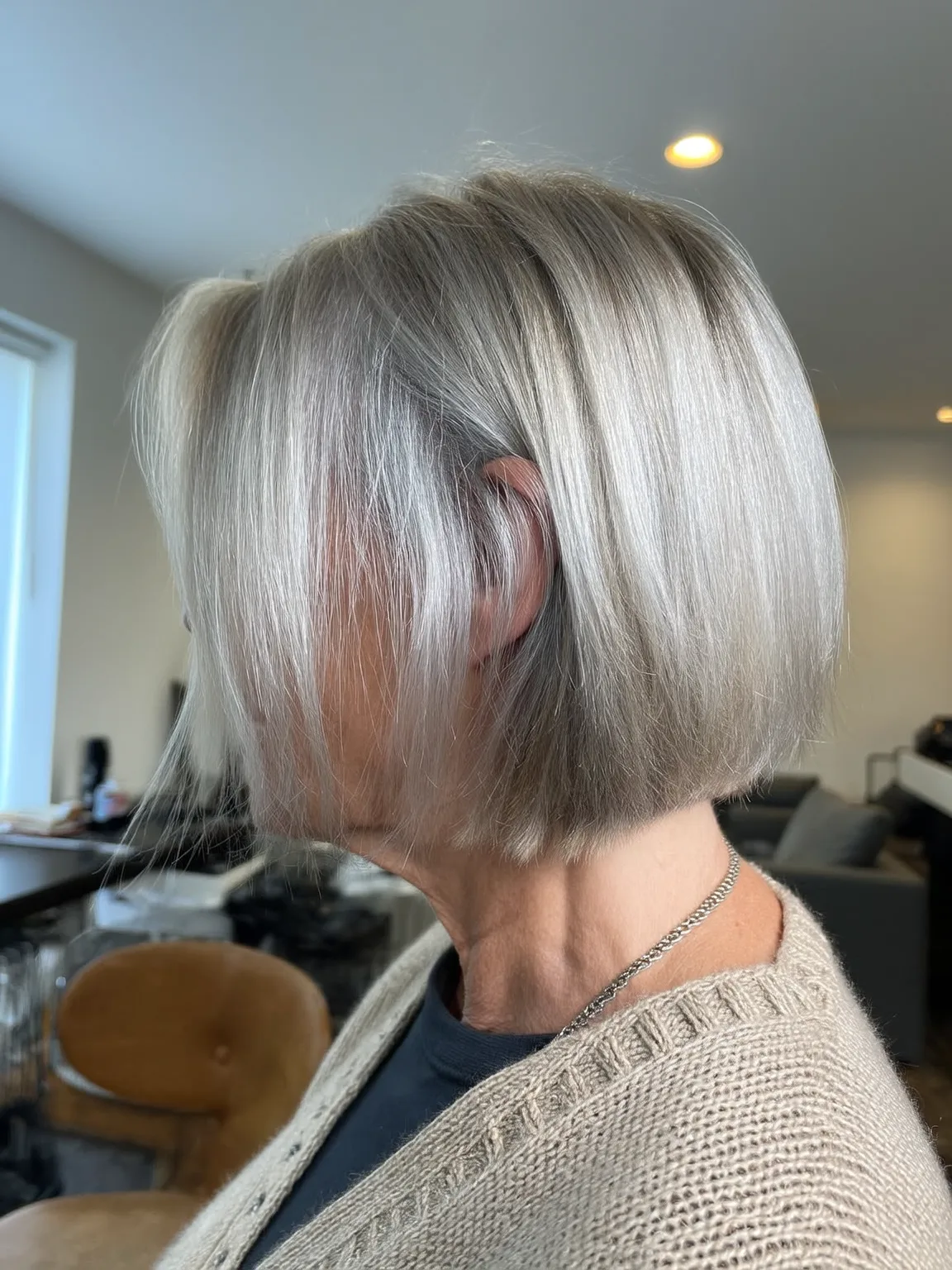 Short Silver Frost Straight Bob with Side-Swept Bangs