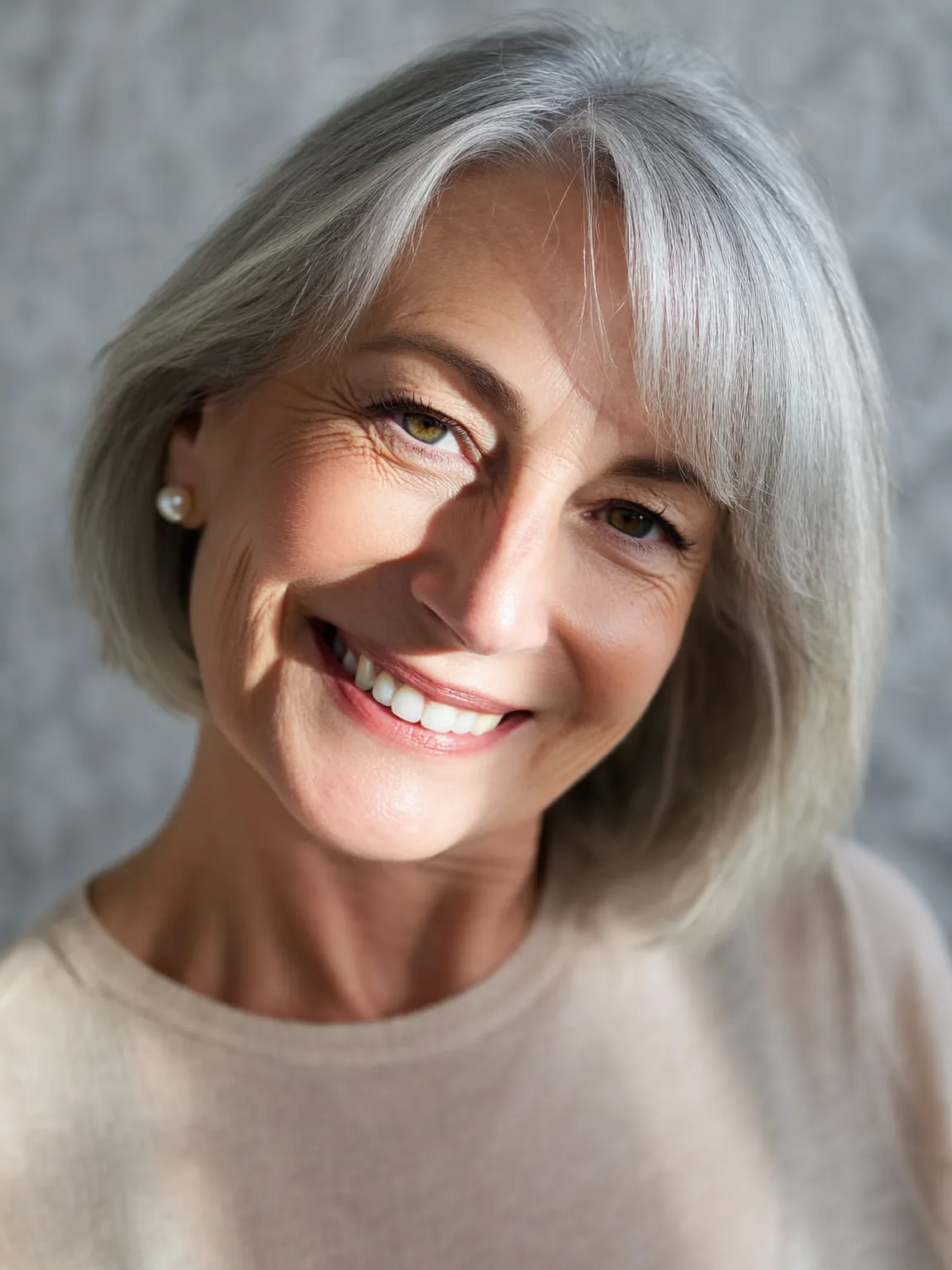 Silver Gray Bob with Long Bangs and Natural Volume
