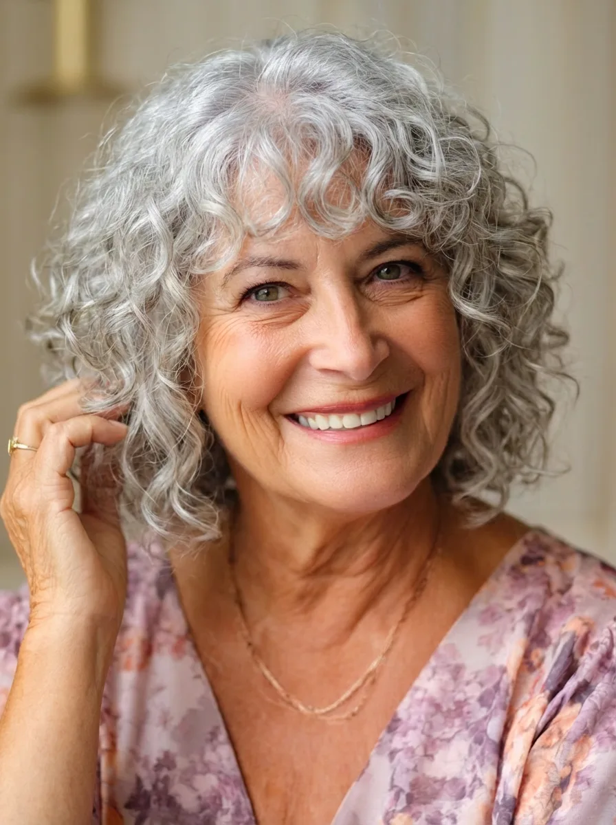 Voluminous Curly Silver Frost Bob with Wispy Bangs