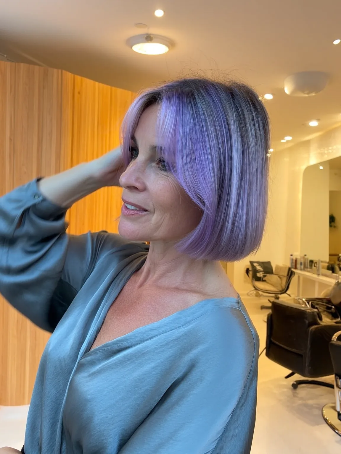 Lavender Straight Bob with Subtle Silver Tones and Chin-Length Cut