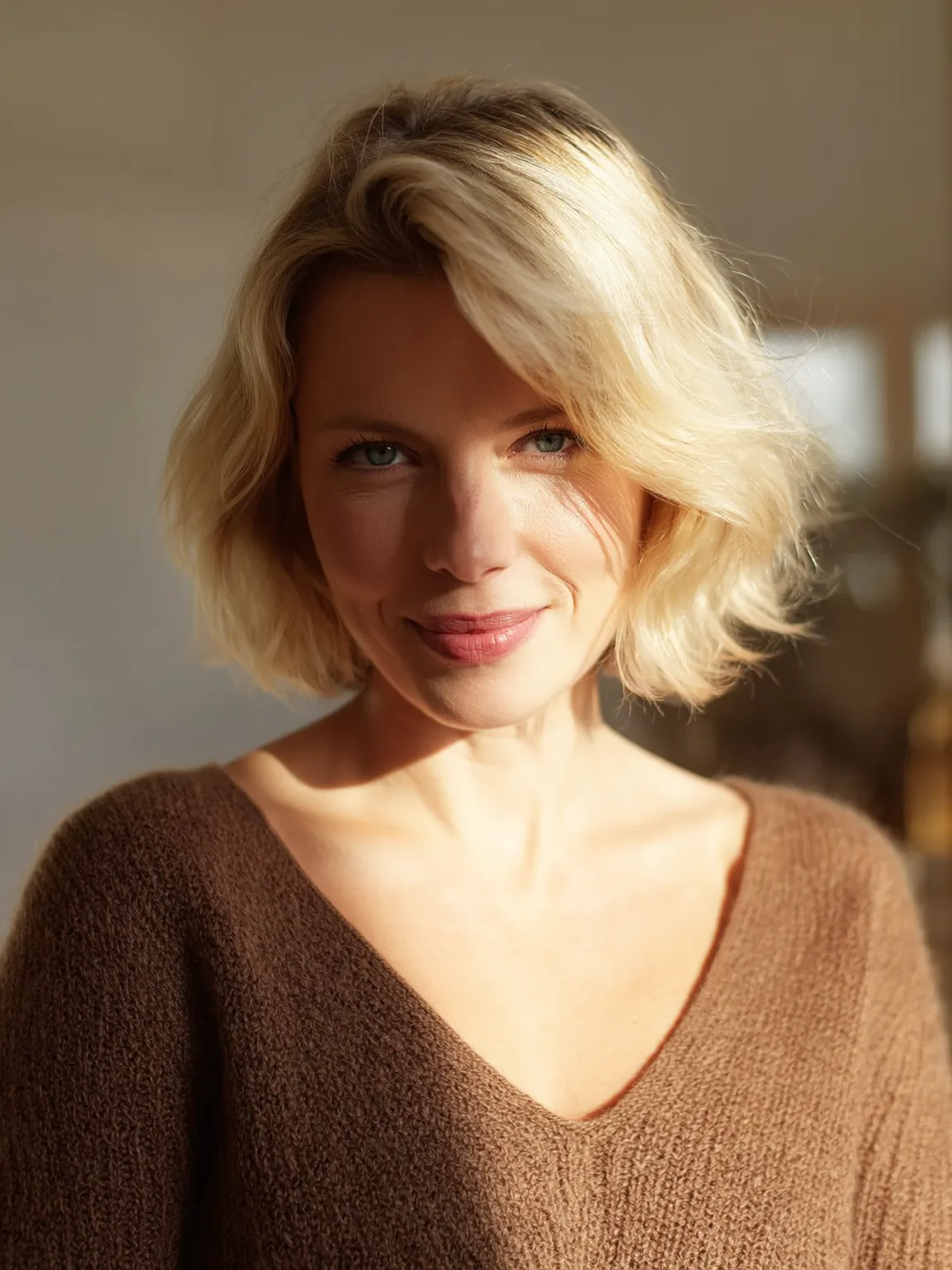 Air-Dried Wavy Sandy Blonde Chin-Length Bob Without Bangs