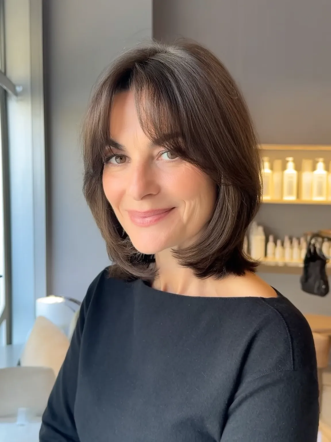 Rich Espresso Brown Straight Bob with Curtain Bangs at Chin-Length