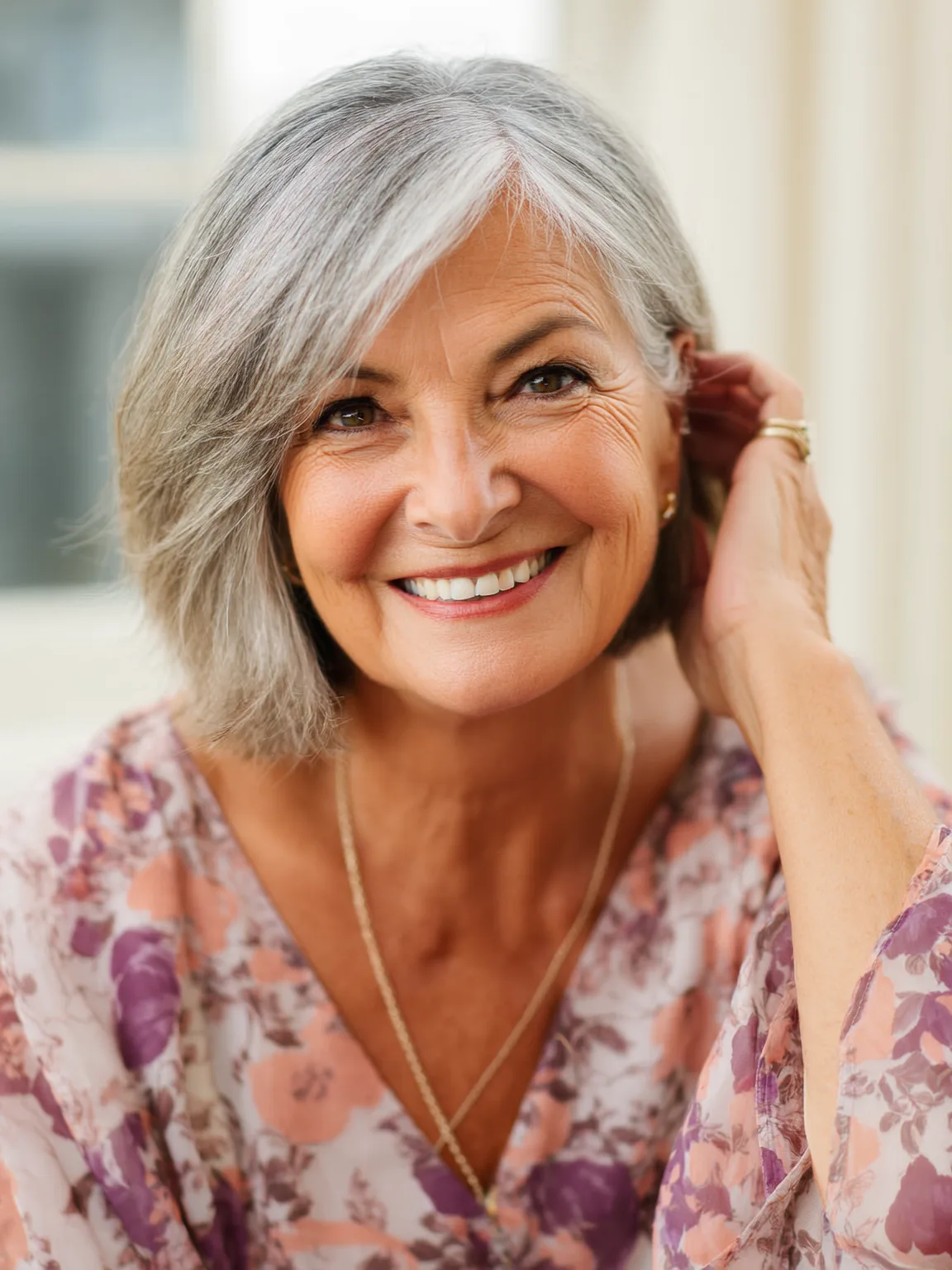 Chin-Length Silver Frost Straight Bob with Dark Roots and Side Bangs