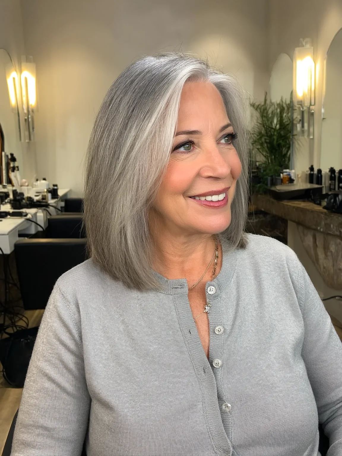Shoulder-Length Silver Frost Bob for Oval Faces