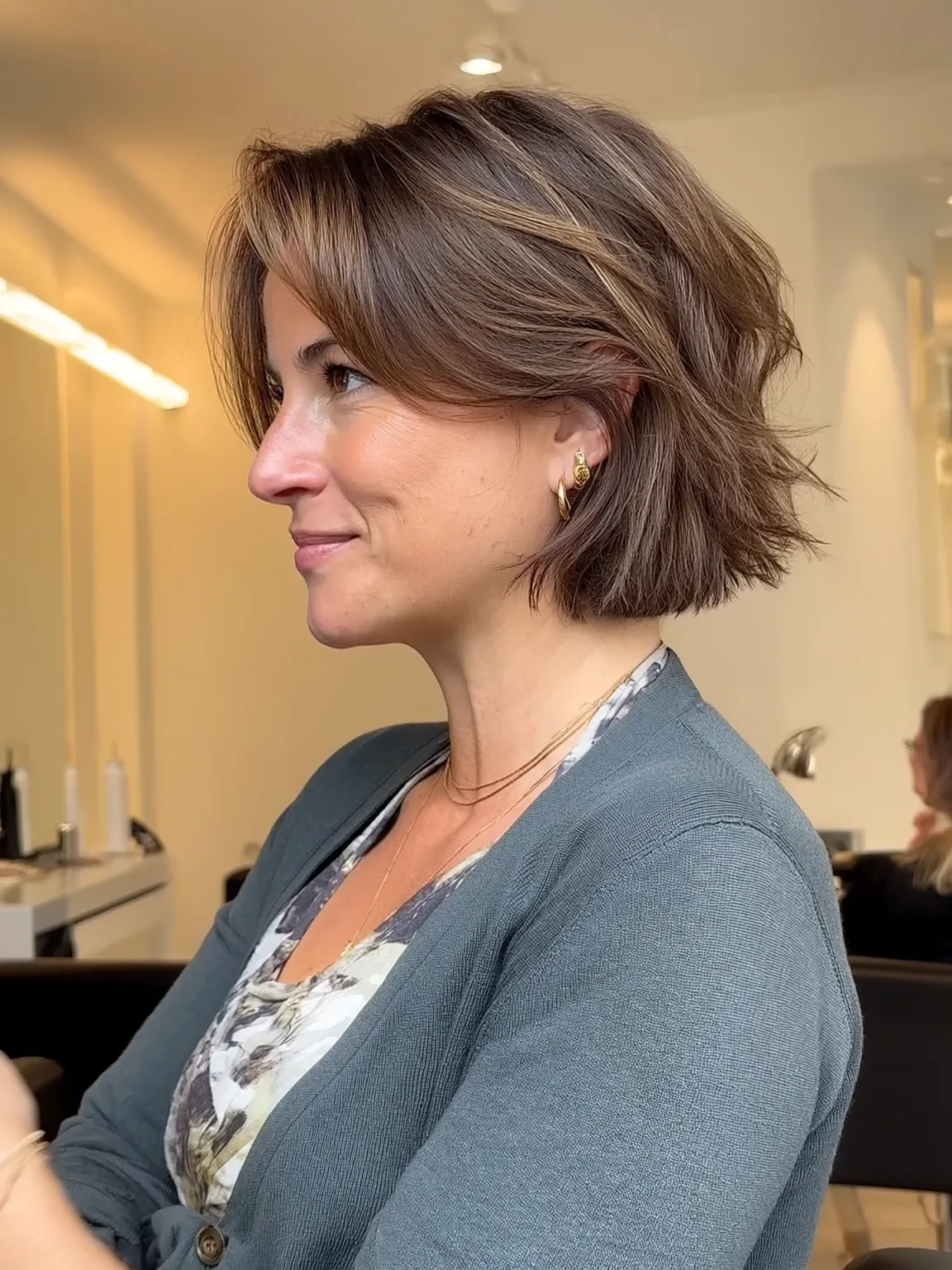 Short Warm Caramel Brown Wavy Bob with Side-Swept Bangs