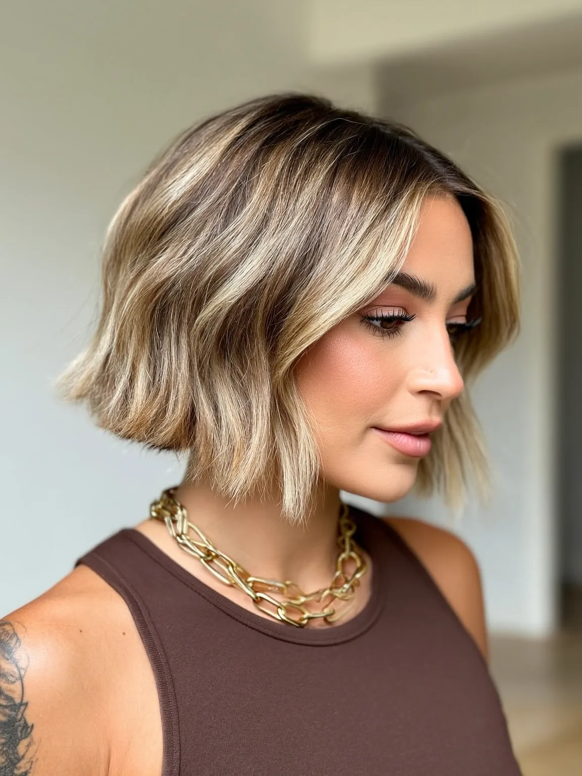 Wavy Sandy Blonde Balayage Bob Without Bangs