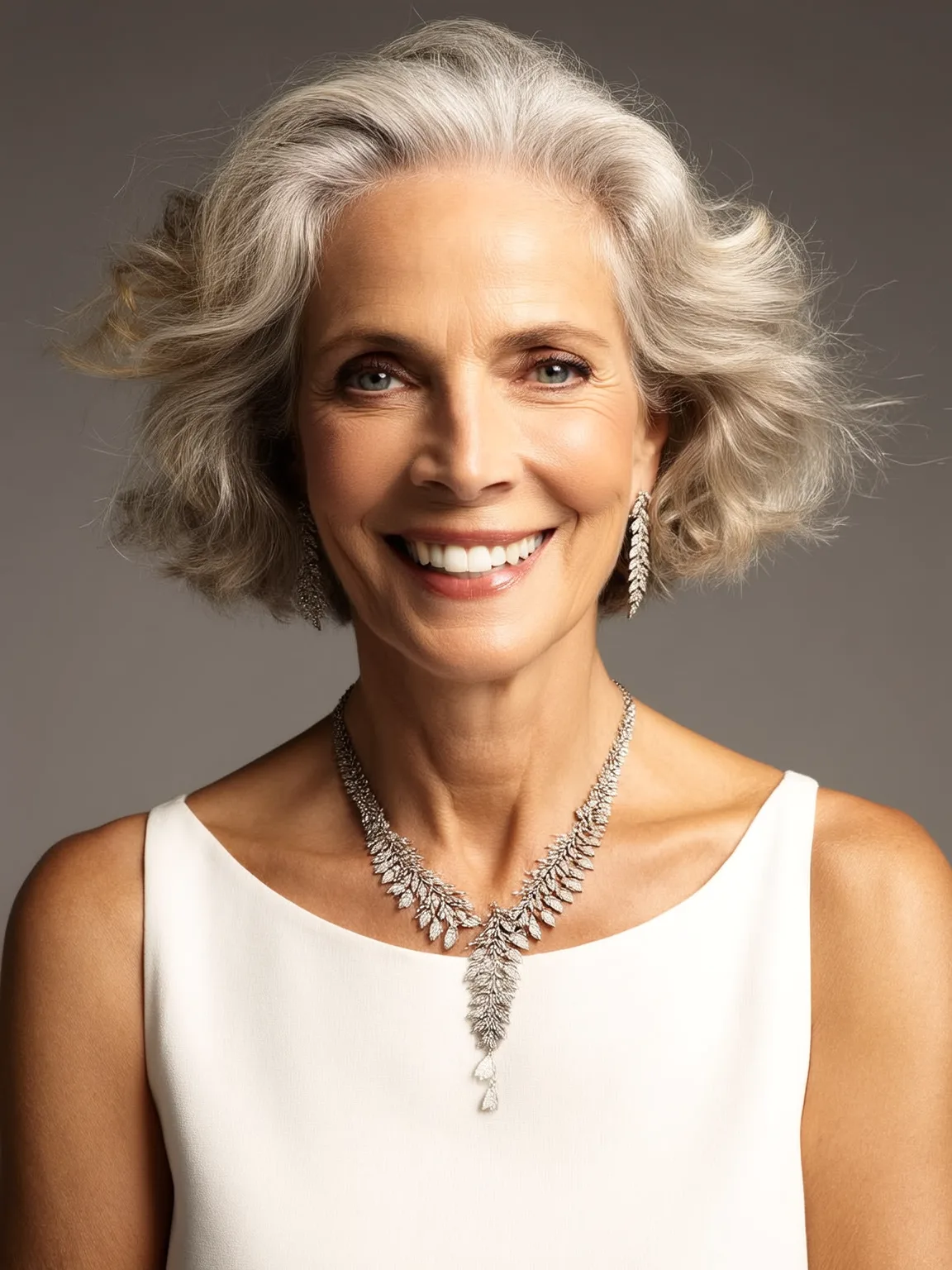 Voluminous Wavy Silver Frost Bob with Curly Influence