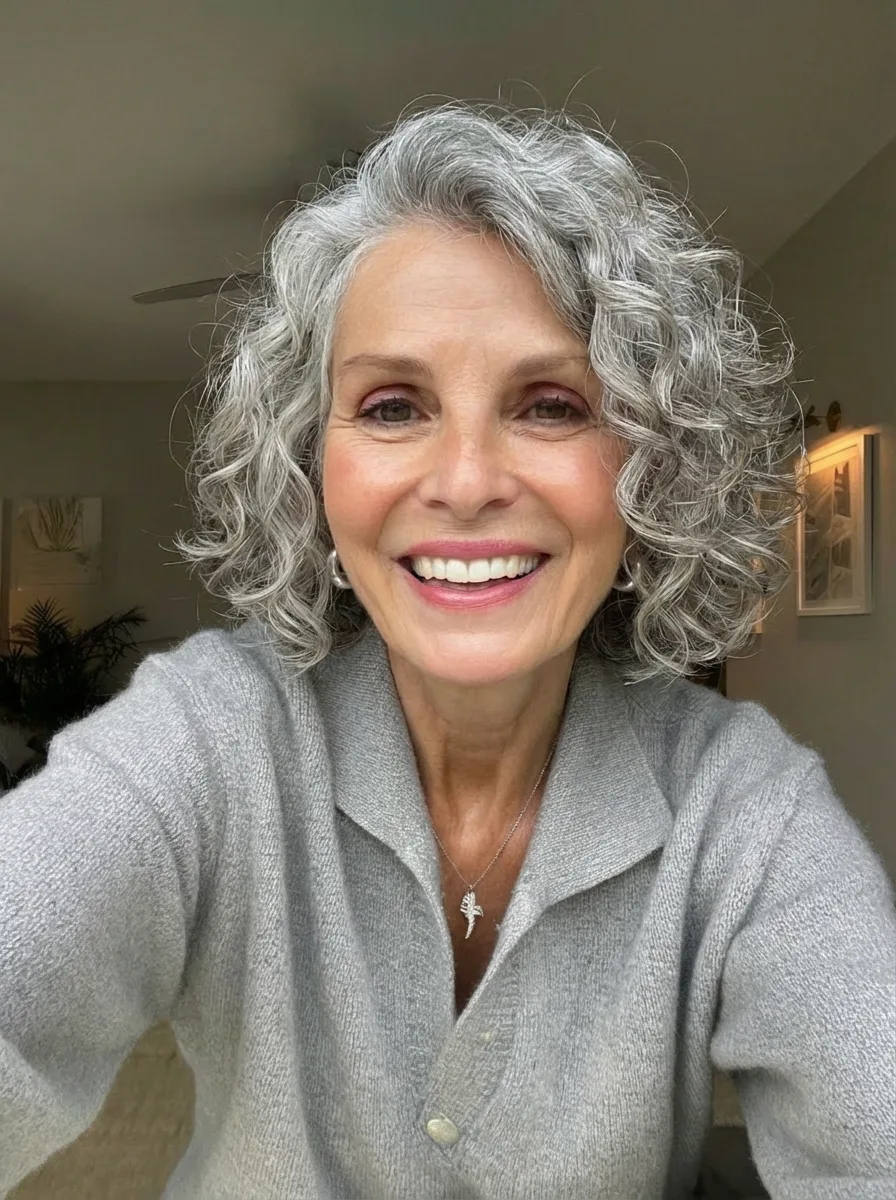 Voluminous Curly Silver Frost Bob for Heart Shapes
