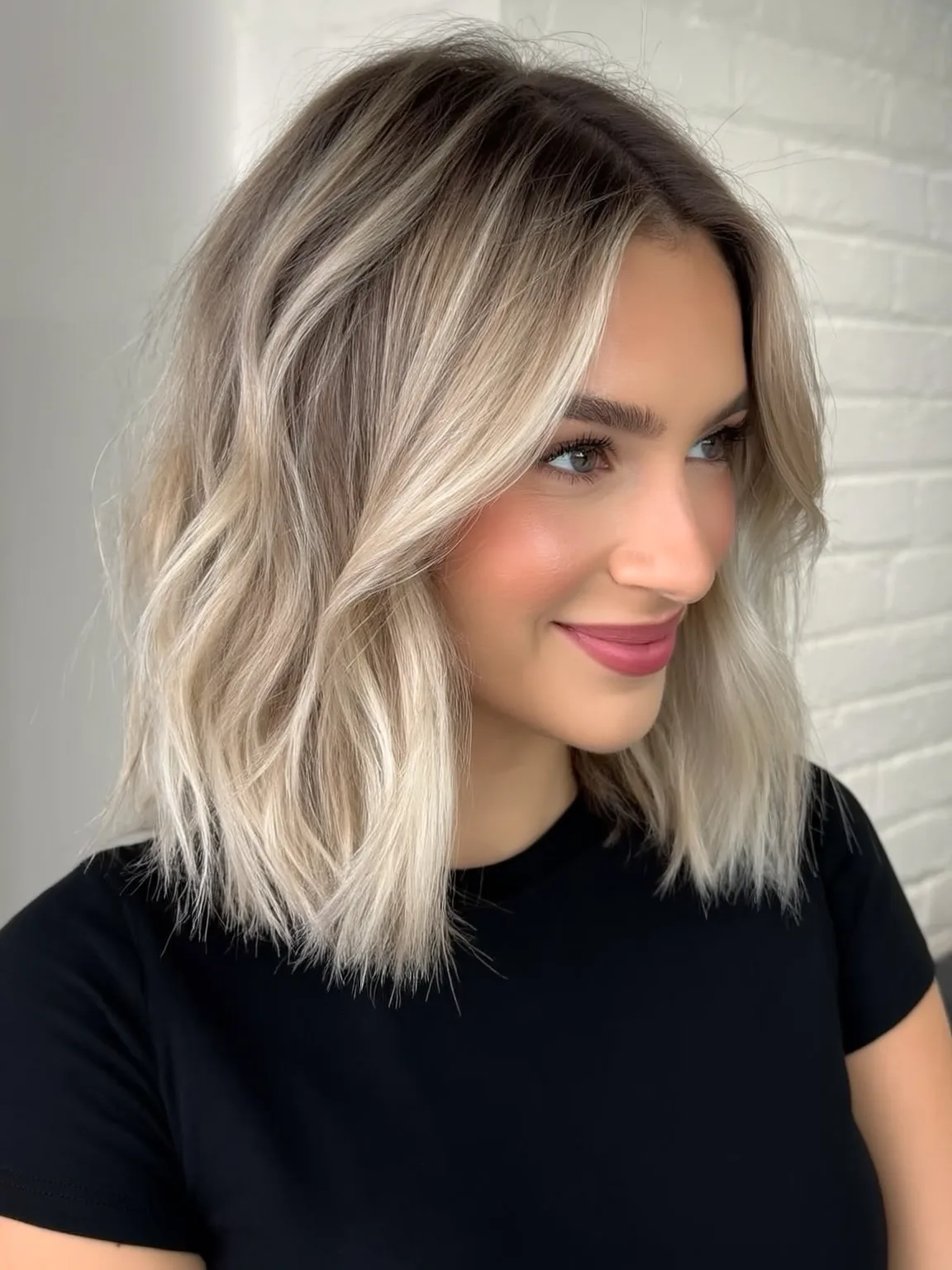 Classic Ash Bronde Wavy Lob for Oval Faces