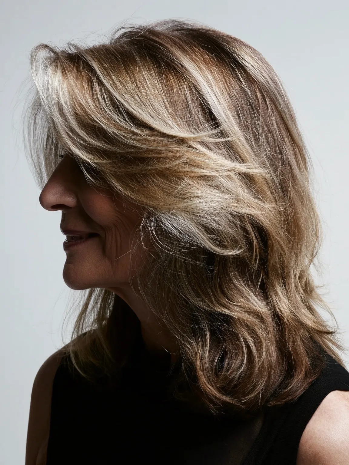 Voluminous Medium Layers with Long Bangs in Ash Bronde