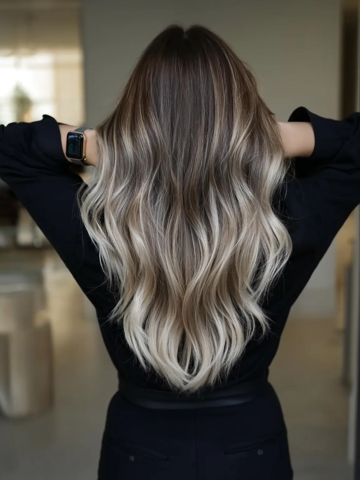 Voluminous Wavy Long Layers with Ash Bronde Balayage