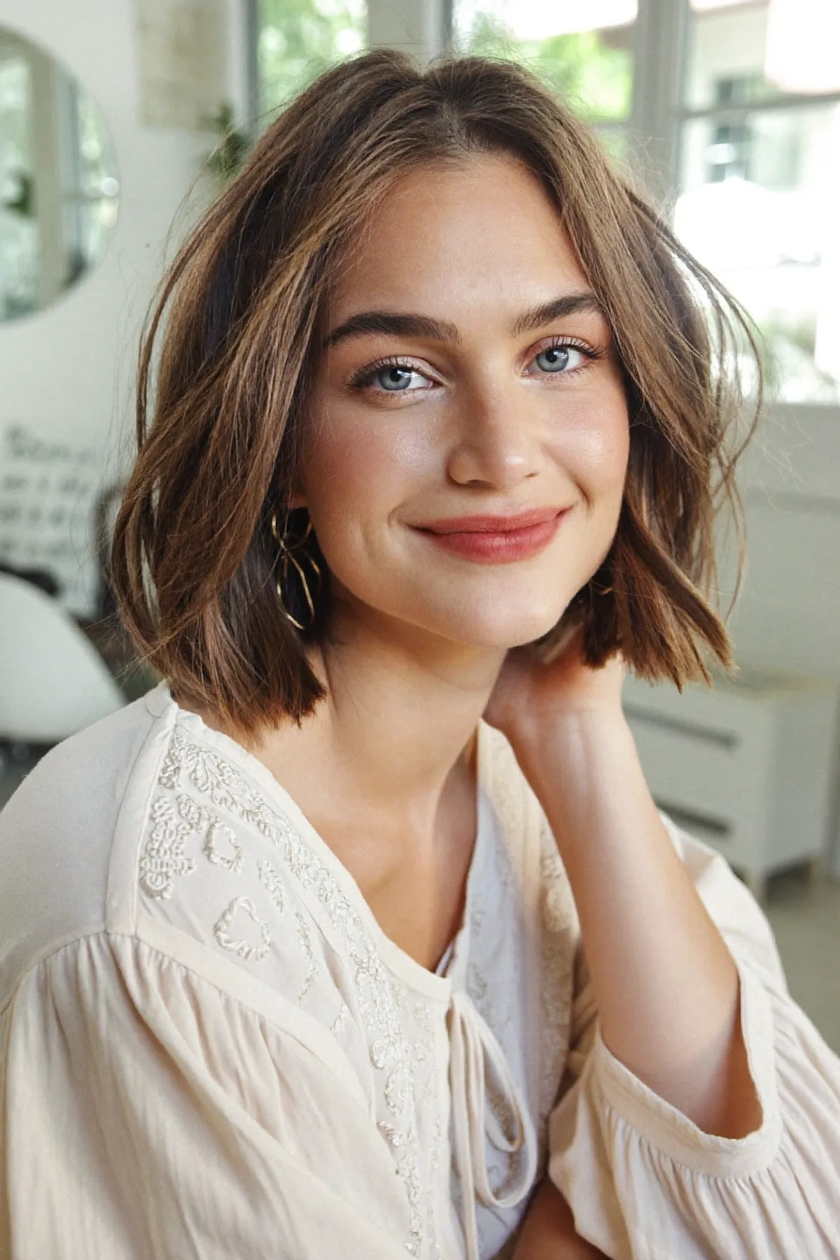 Chin-Length Natural Brunette Bob with Effortless Wavy Texture