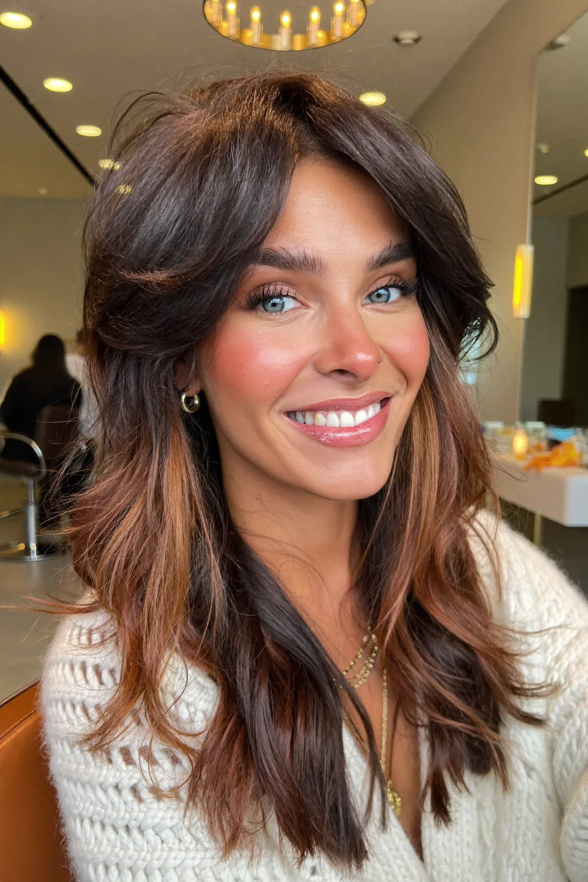 Natural Brunette Long Layered Cut with Wavy Curtain Bangs