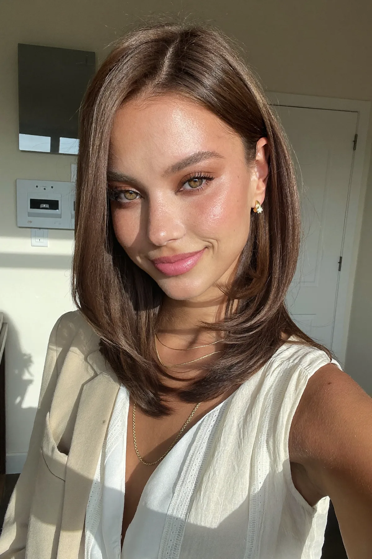 Sleek Straight Natural Brunette Collarbone-Length Long Bob