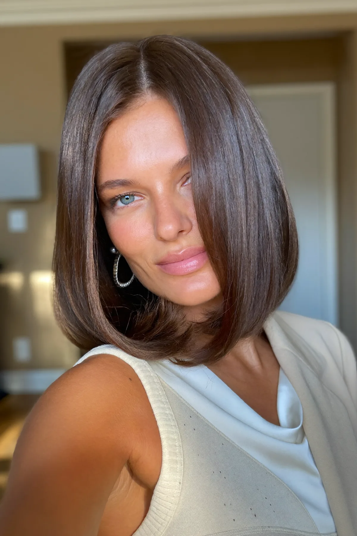 Sleek Chin-Length Natural Brunette Bob Without Bangs