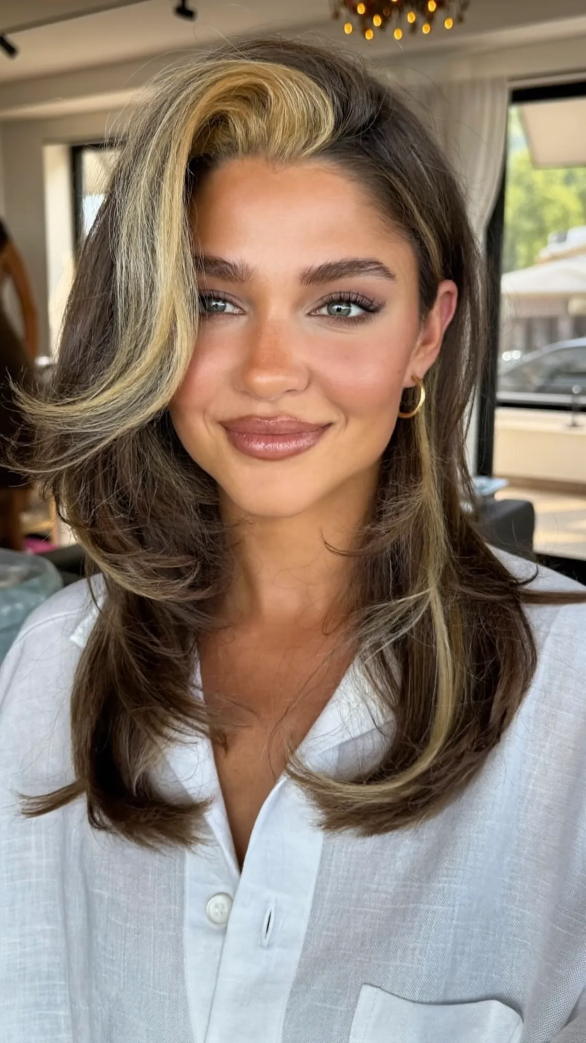 Sleek Straight Long Layered Brunette with Chunky Face-Framing Highlights