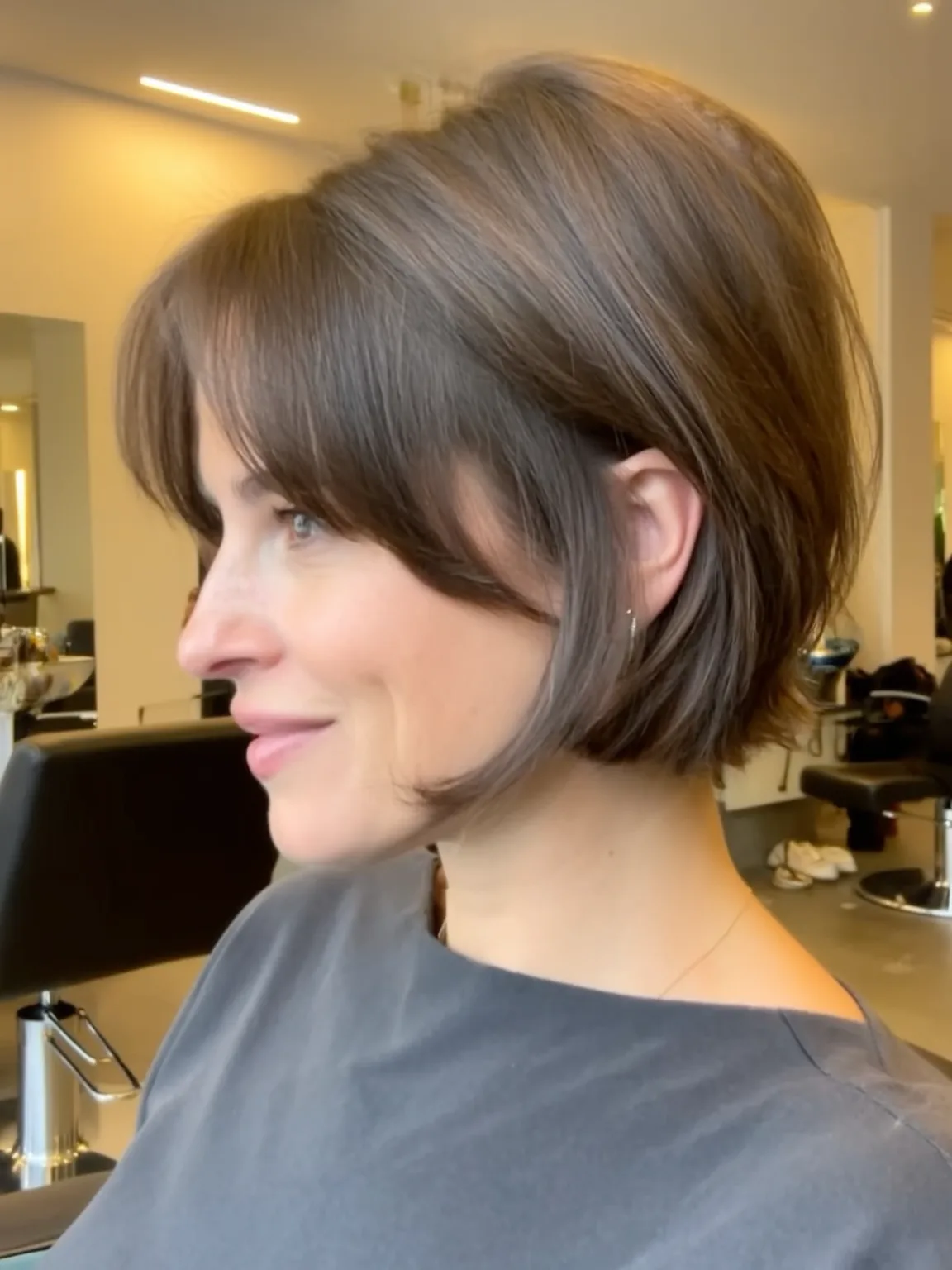 Straight Ash Brown Bob with Curtain Bangs