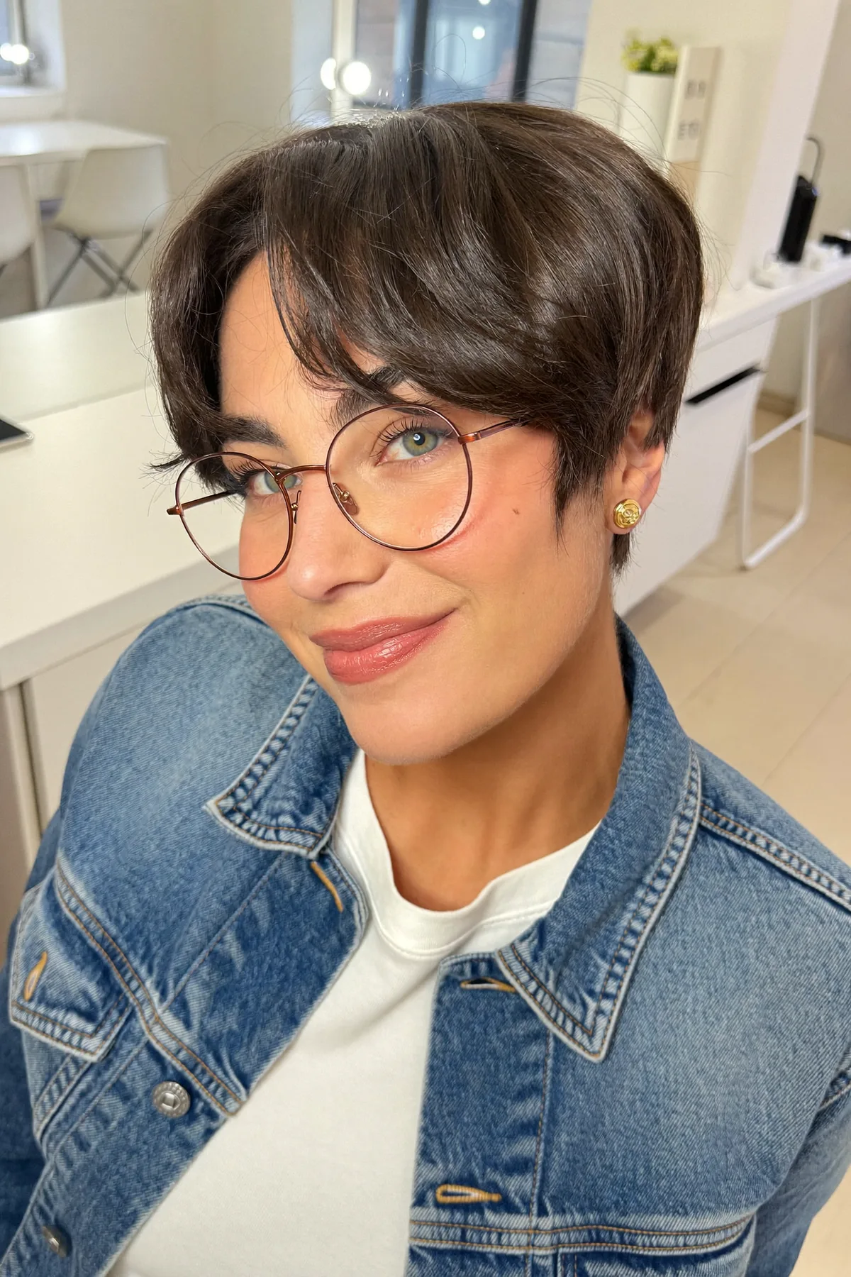 Sleek Straight Natural Brunette Pixie Cut with Curtain Bangs