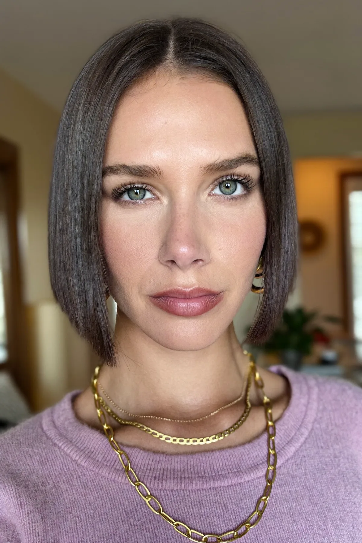 Glossy Natural Brunette Sleek Straight Chin-Length Bob
