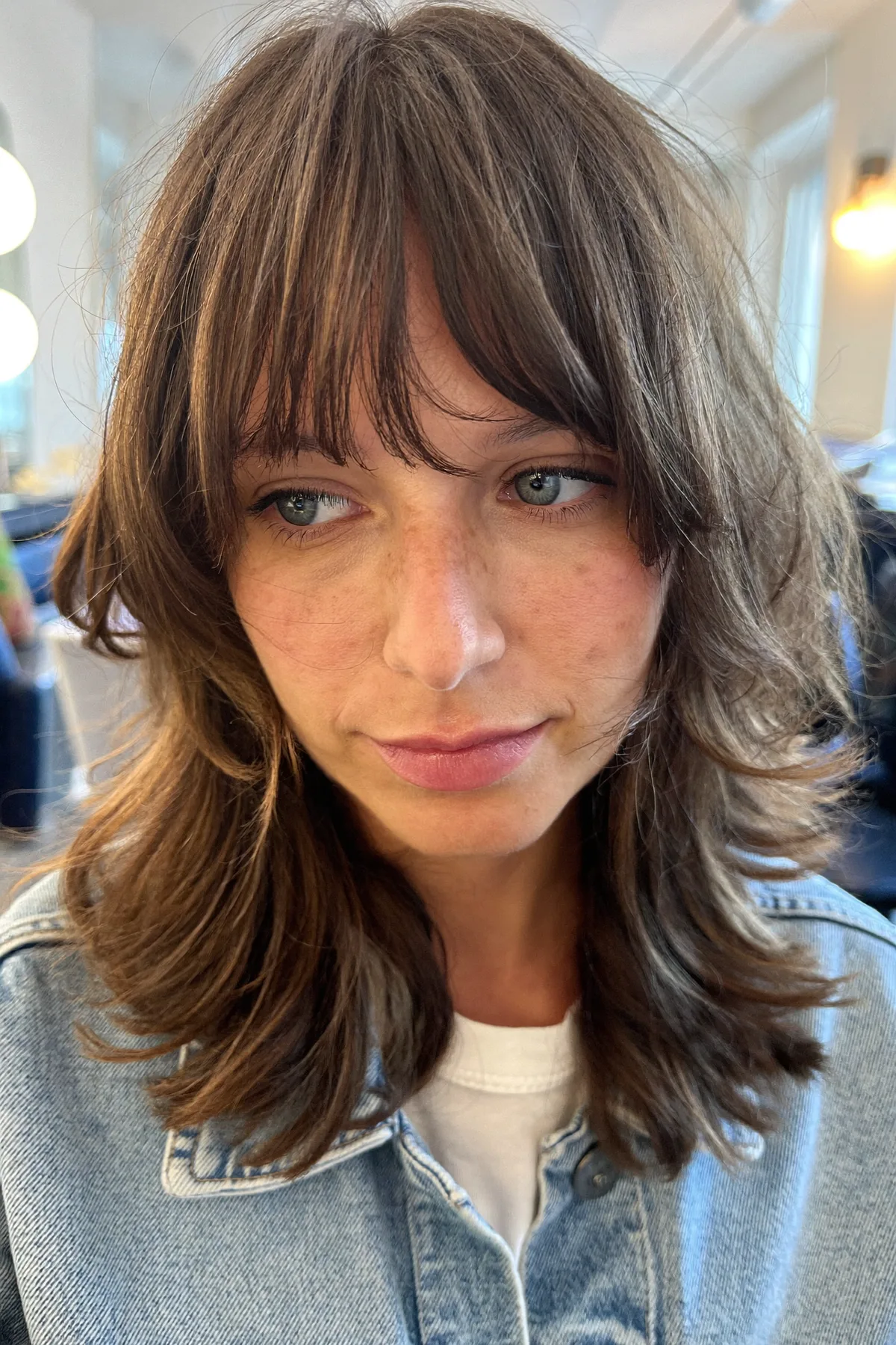 Natural Brunette Collarbone-Length Lob with Full Fringe Bangs