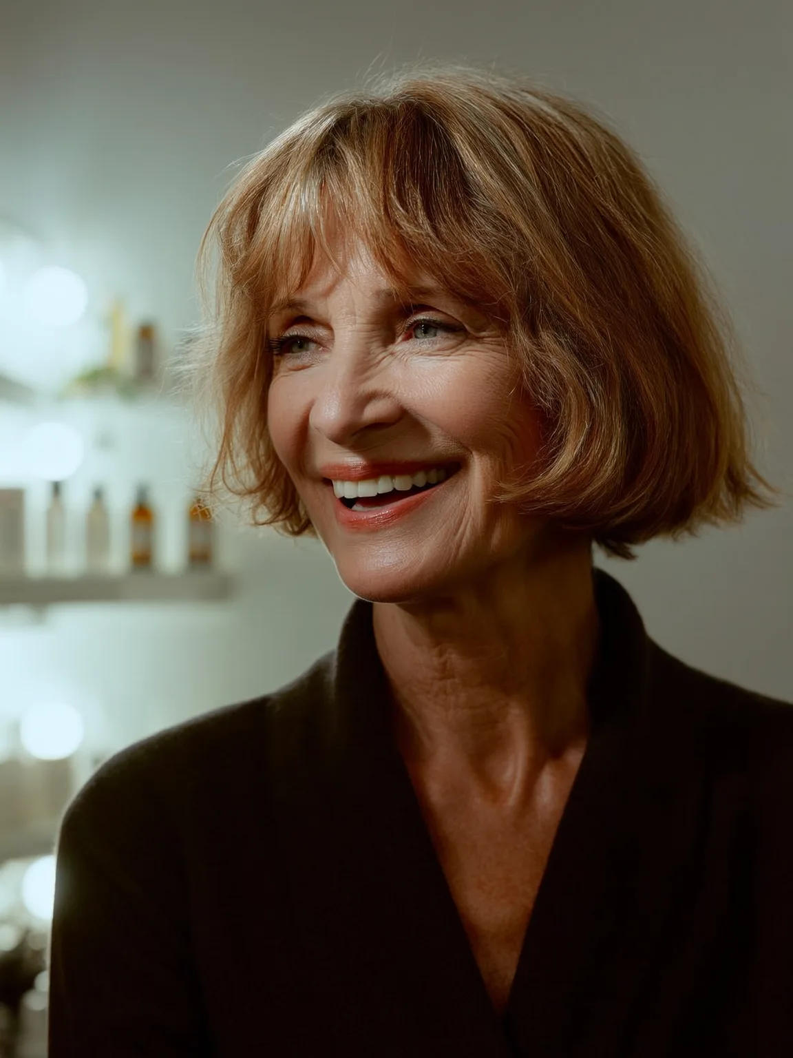 Wavy Light Golden Brown Bob with Wispy Bangs