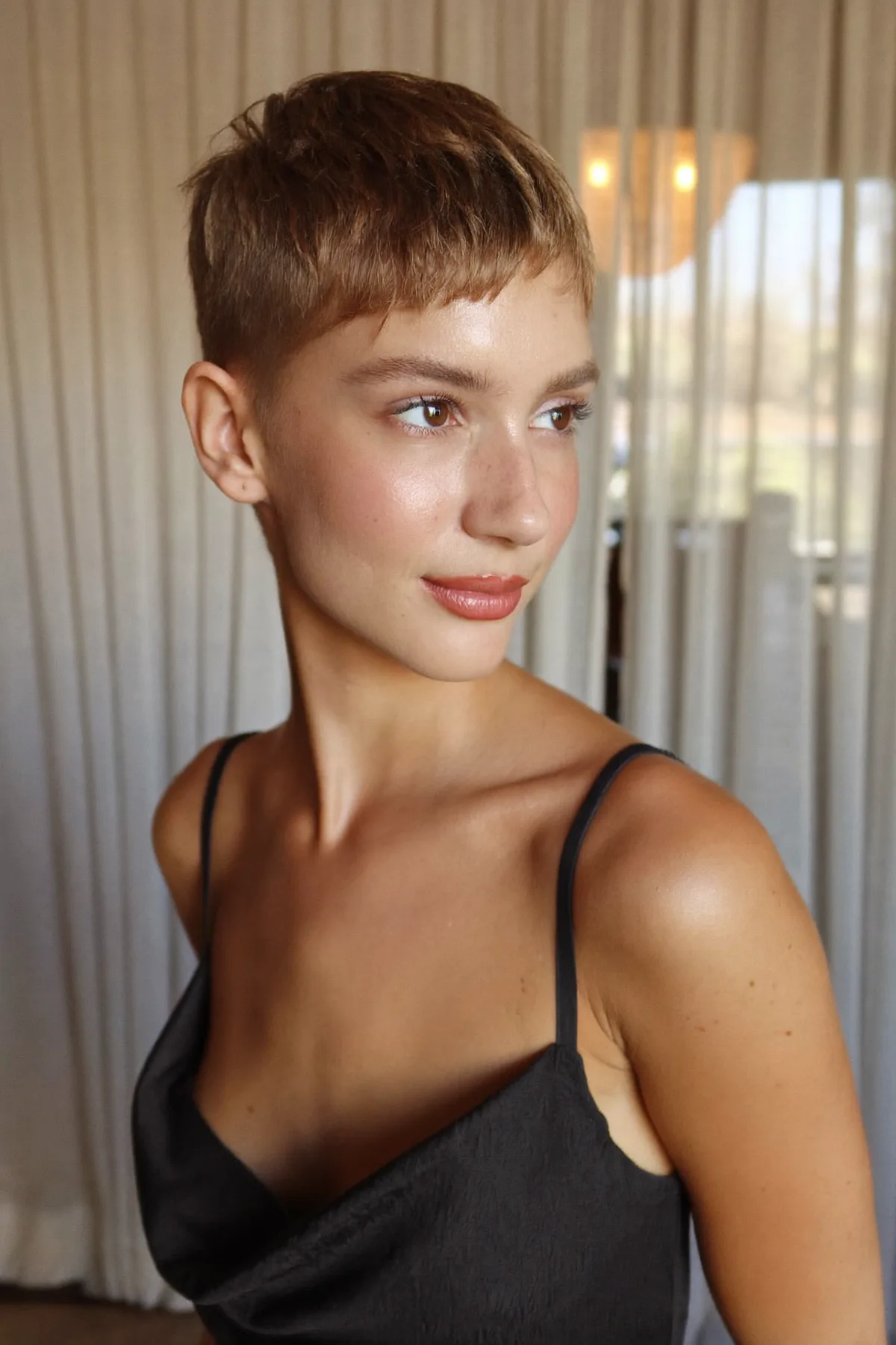 Sleek Straight Natural Brunette Pixie Cut with Full Fringe Bangs