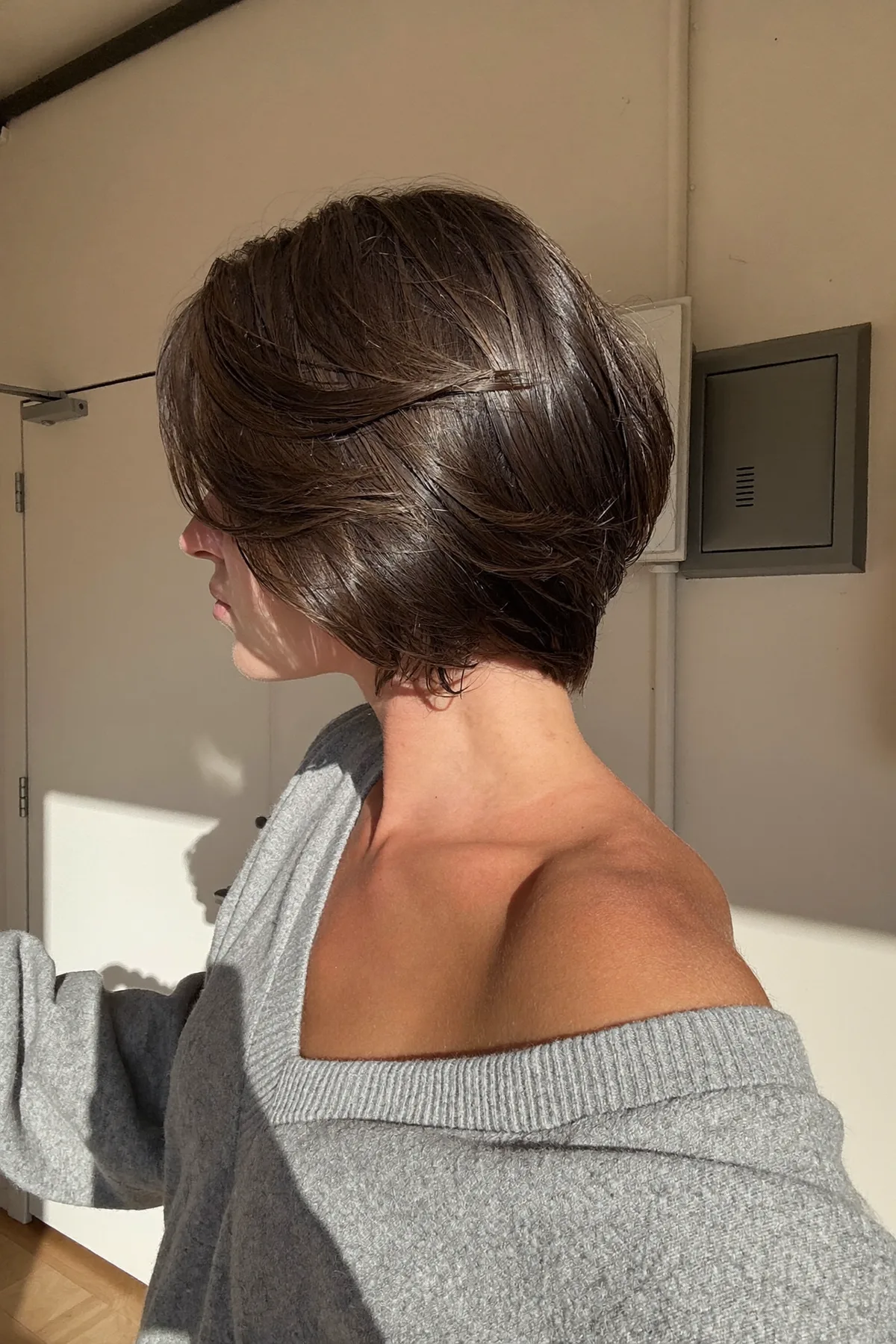 Sleek Straight Chin-Length Natural Brunette Bob Without Bangs