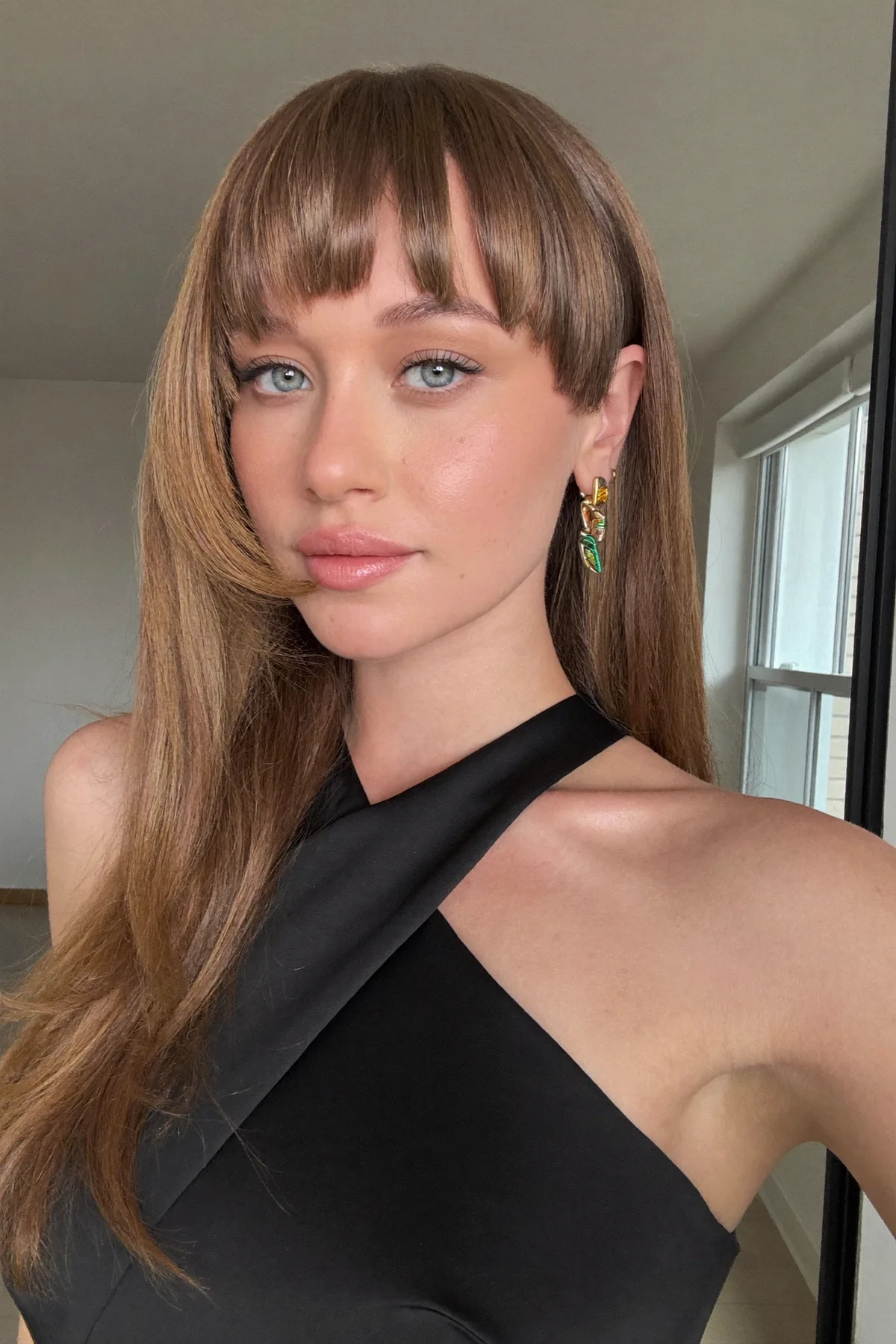 Sleek Straight Natural Brunette Long Layers With Full Fringe Bangs