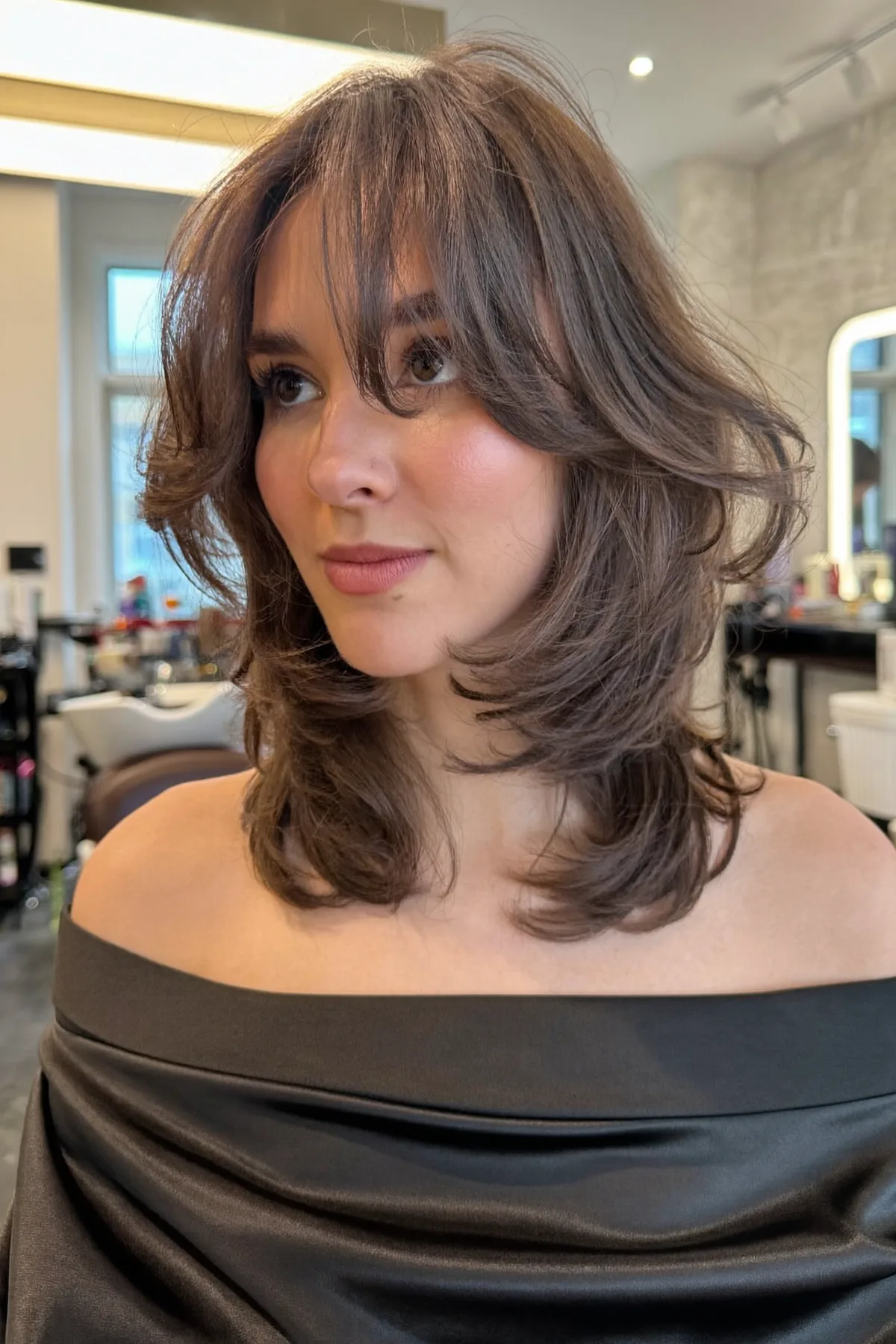 Natural Brunette Collarbone-Length Wavy Lob with Curtain Bangs