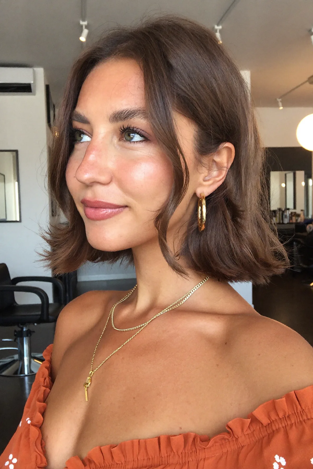 Chin-Length Natural Brunette Bob with Soft Wavy Texture