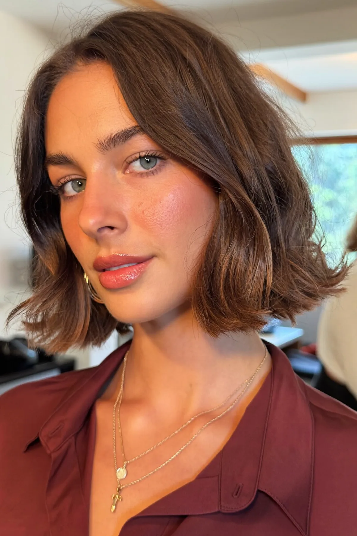 Glossy Natural Brunette Chin-Length Wavy Bob Perfection
