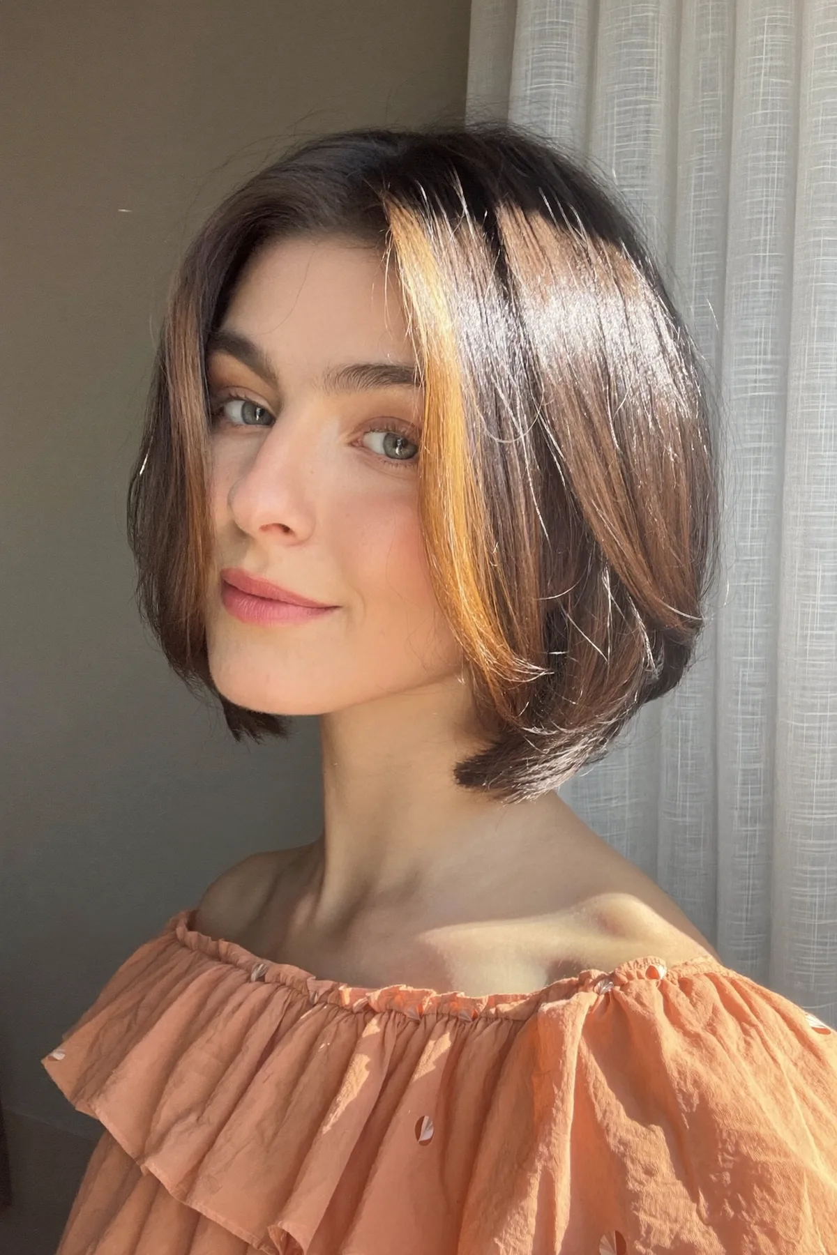 Chin-Length Sleek Straight Bob with Brunette Money-Piece Color Melt