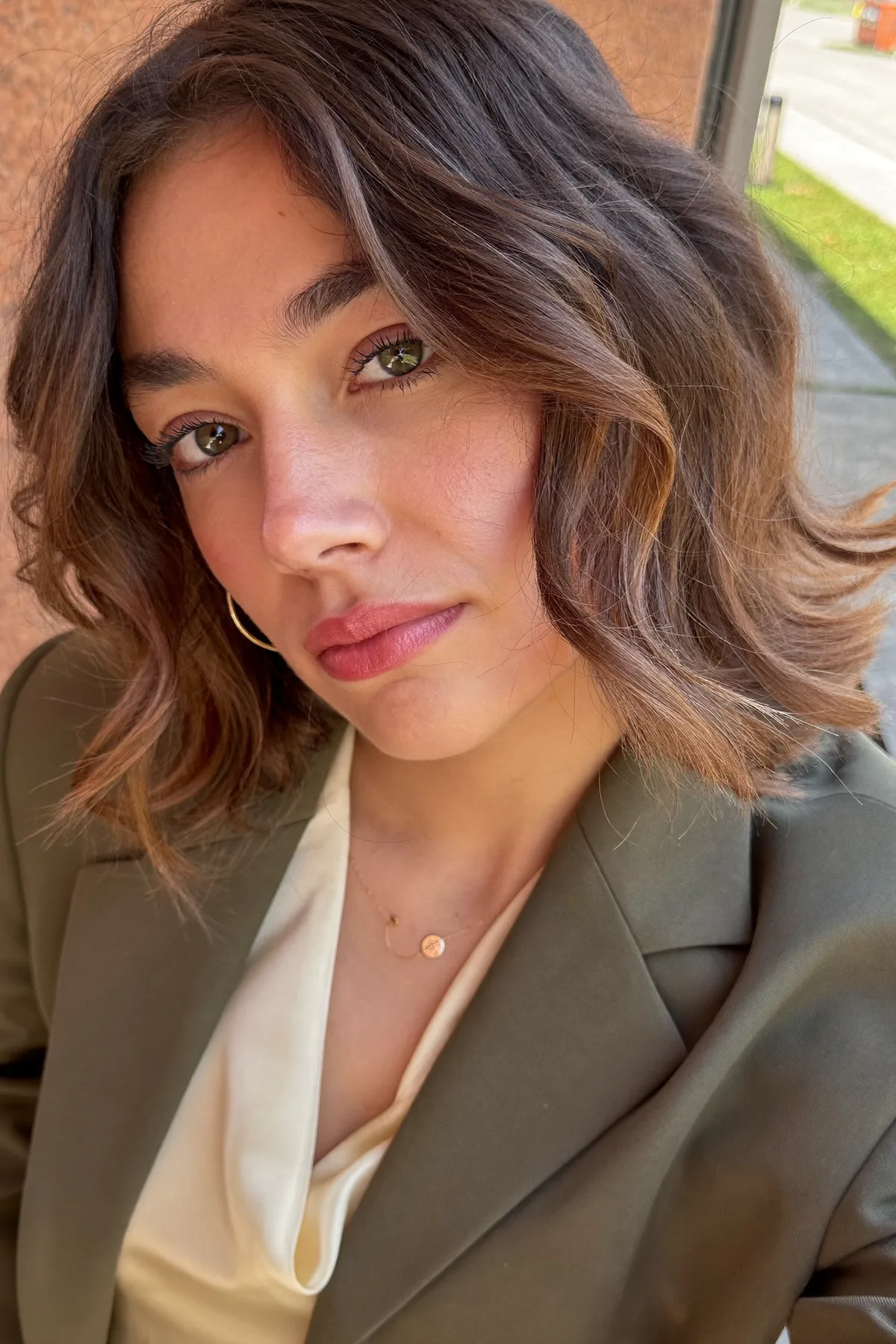 Glossy Natural Brunette Wavy Lob With Shoulder-Length Definition