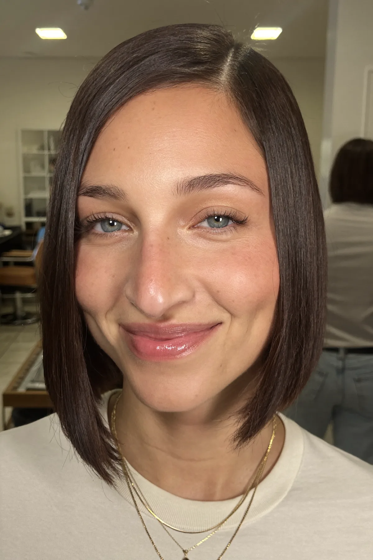 Sleek Straight Natural Brunette Chin-Length Bob with Solid Color